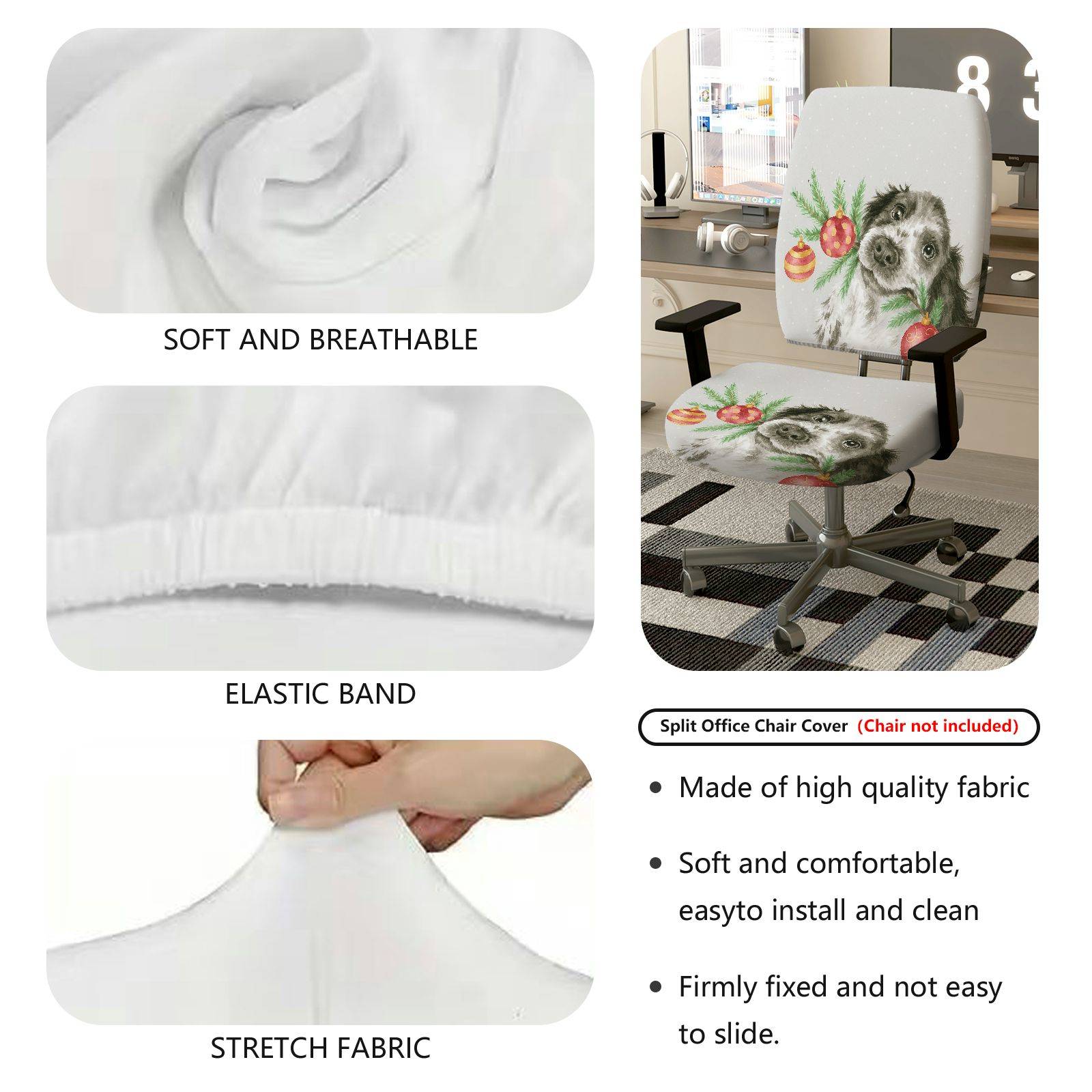 2-Piece Dog Christmas Holiday Festive Decorative  Computer Chair Cover Set, Seat and Backrest