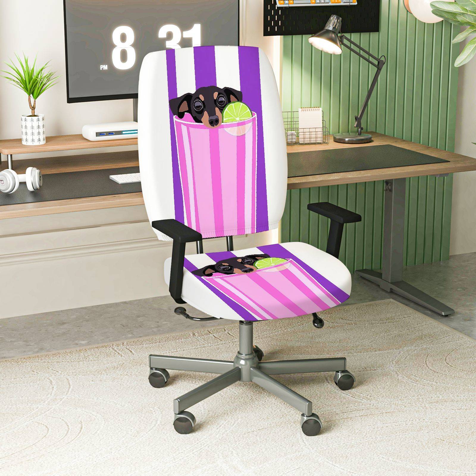 2-Piece Cute Dog Drink Pink Purple Stripe  Computer Chair Cover Set, Seat and Backrest