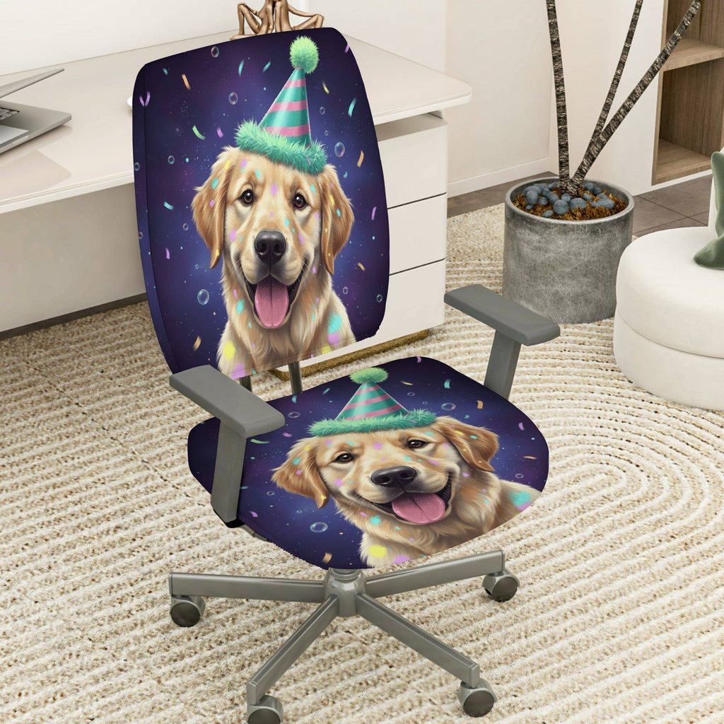 2-Piece Cute Dog Party Hat Celebration Confetti Joyful  Computer Chair Cover Set, Seat and Backrest