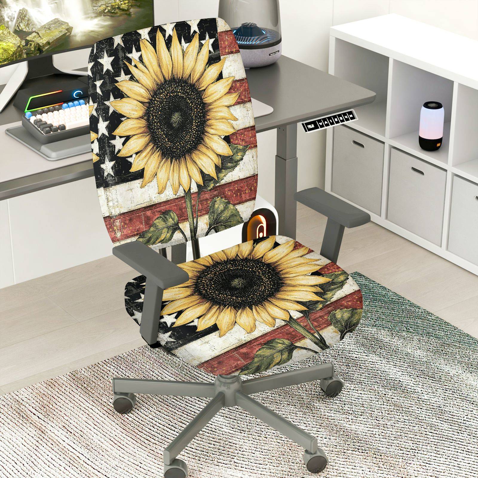 2-Piece Sunflower American Flag Vintage Patriotic Rustic Theme  Computer Chair Cover Set, Seat and Backrest