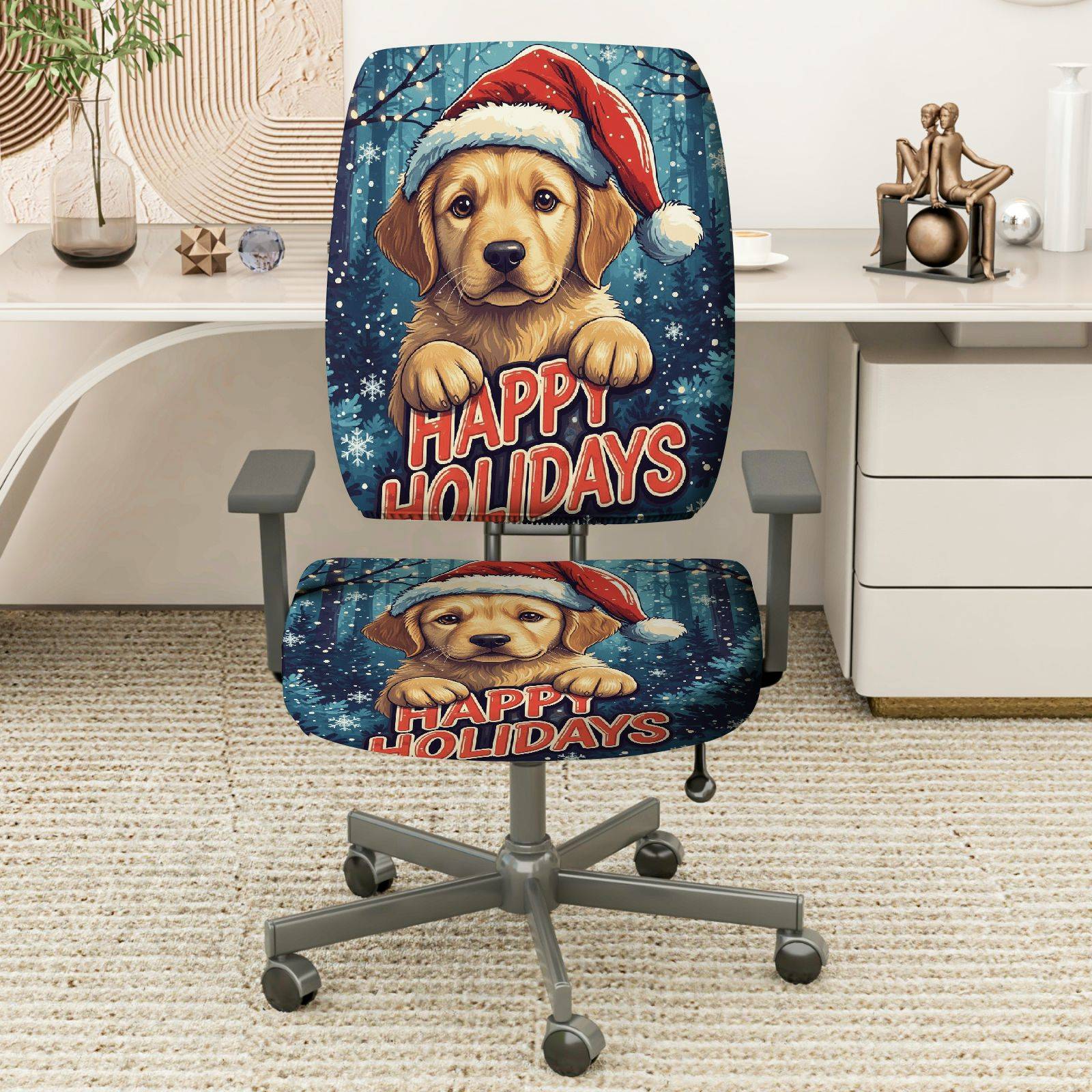 2-Piece Seasonal Puppy Christmas Dog Santa Happy Holidays  Computer Chair Cover Set, Seat and Backrest