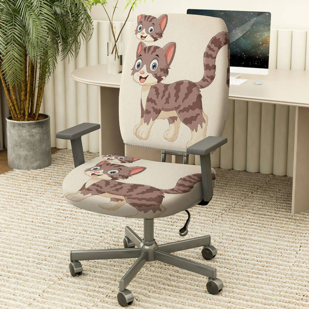 2-Piece Cute Cat Pattern Animal  Computer Chair Cover Set, Seat and Backrest