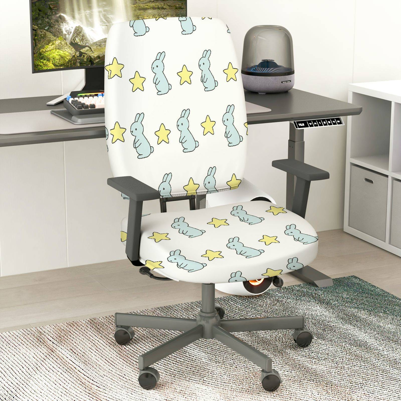 2-Piece Cute Rabbit Star Pattern Home Decor Furniture  Computer Chair Cover Set, Seat and Backrest