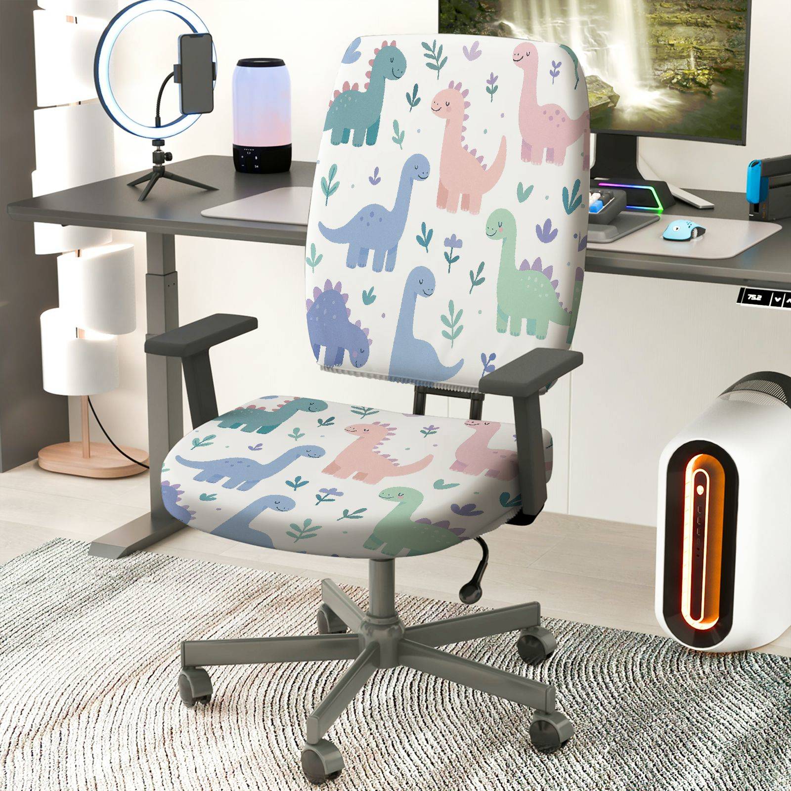 2-Piece Cute Dinosaur Pattern Decorative Printed  Computer Chair Cover Set, Seat and Backrest