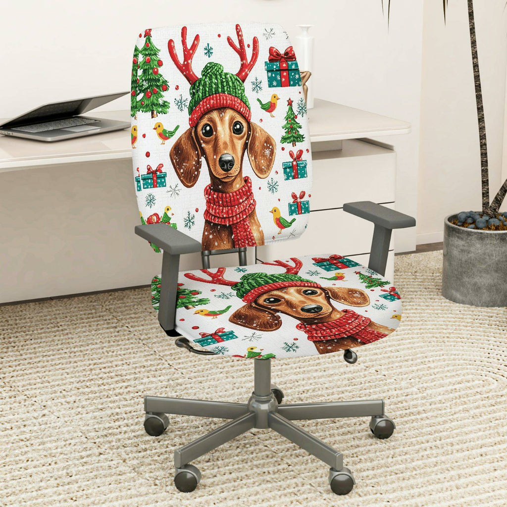 2-Piece Christmas Dog Reindeer Gift Tree Snowflakes  Computer Chair Cover Set, Seat and Backrest