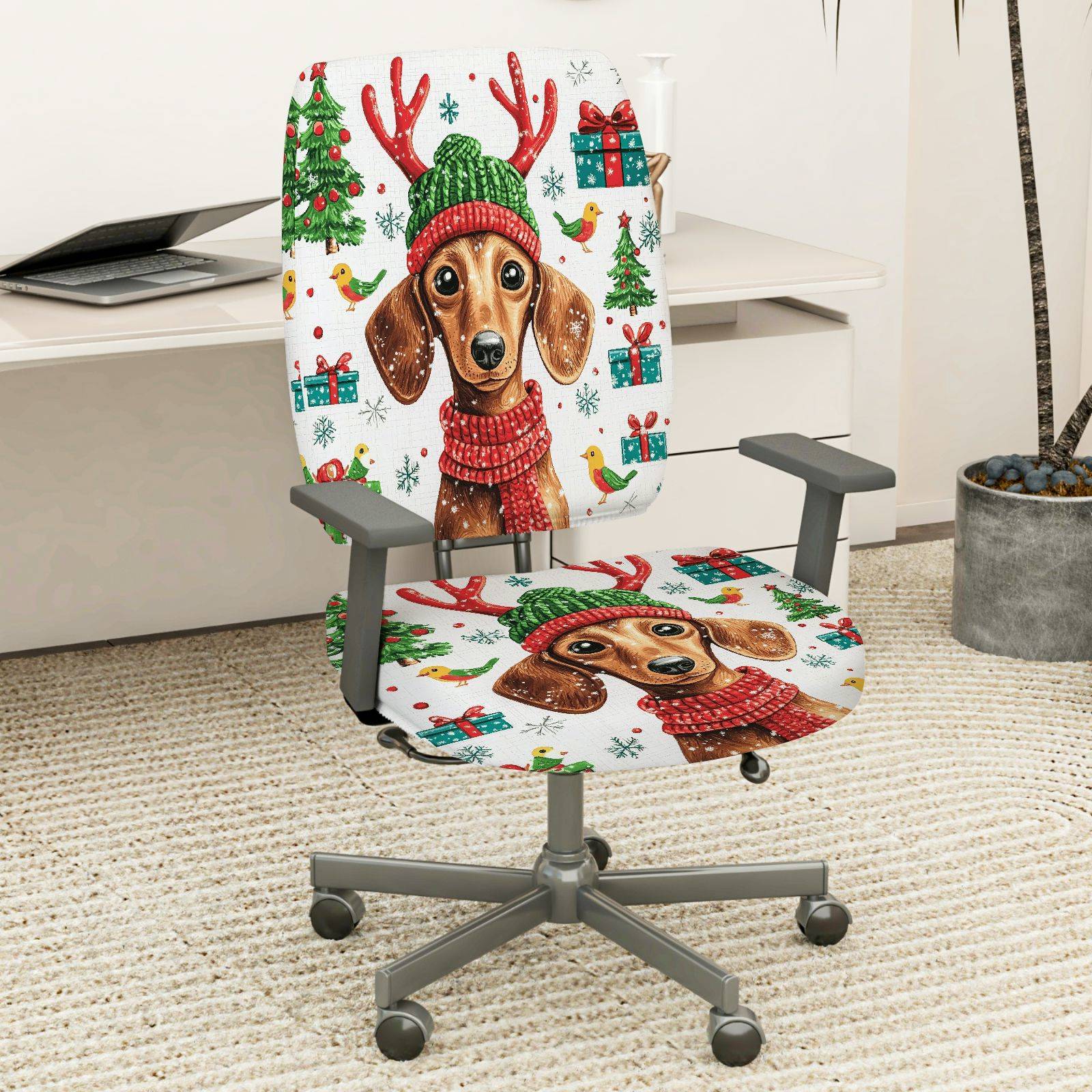 2-Piece Christmas Dog Reindeer Gift Tree Snowflakes  Computer Chair Cover Set, Seat and Backrest