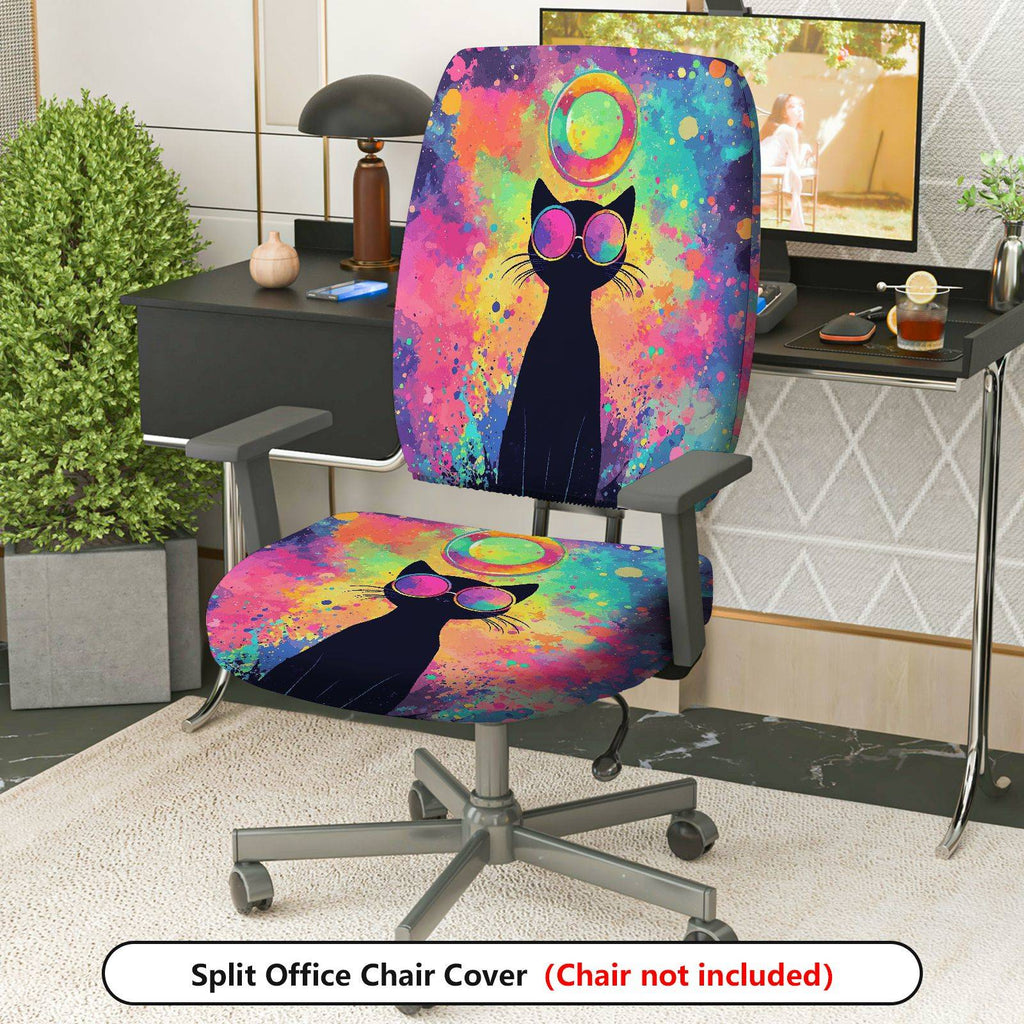 2-Piece Colorful Cat Funky Artistic Stylish  Computer Chair Cover Set, Seat and Backrest