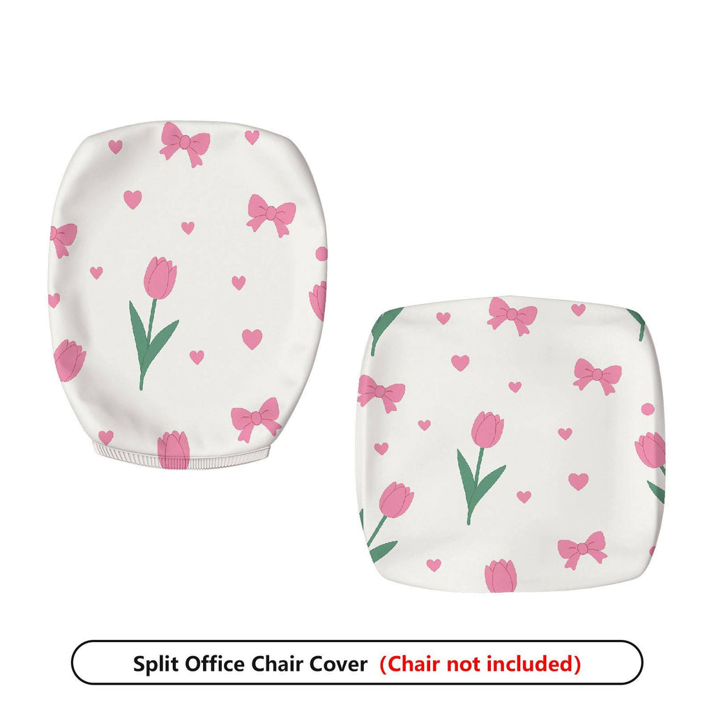 2-Piece Pink Flower Heart Ribbon Tulip Pattern  Computer Chair Cover Set, Seat and Backrest