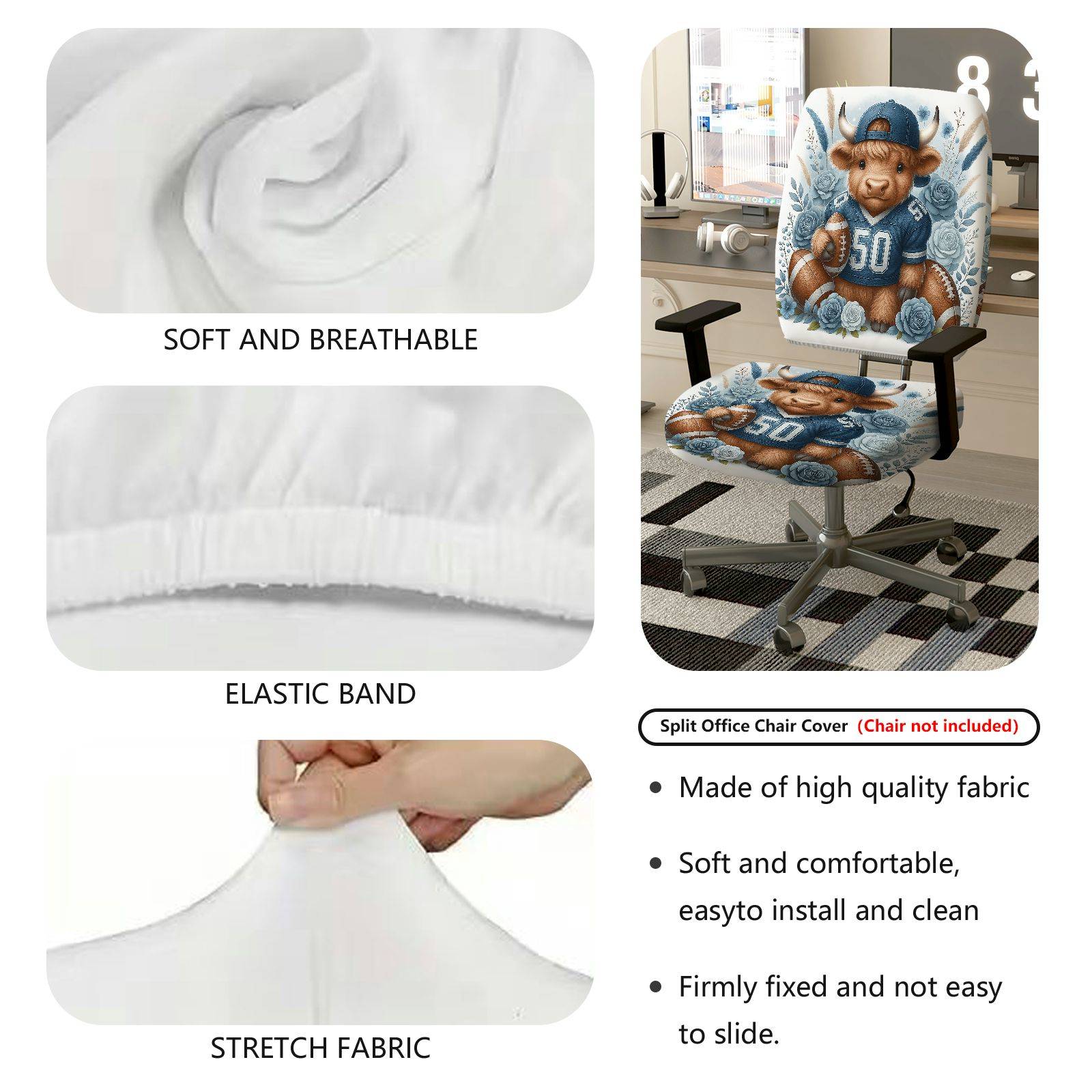 2-Piece Football Buffalo Flowers Sports Animal  Computer Chair Cover Set, Seat and Backrest