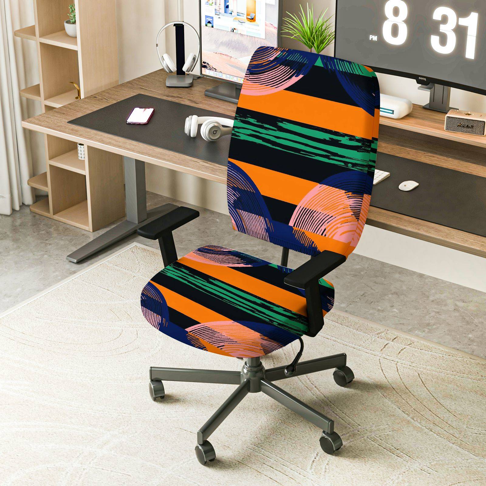 2-Piece Abstract Geometric Stripe Colorful Pattern  Computer Chair Cover Set, Seat and Backrest
