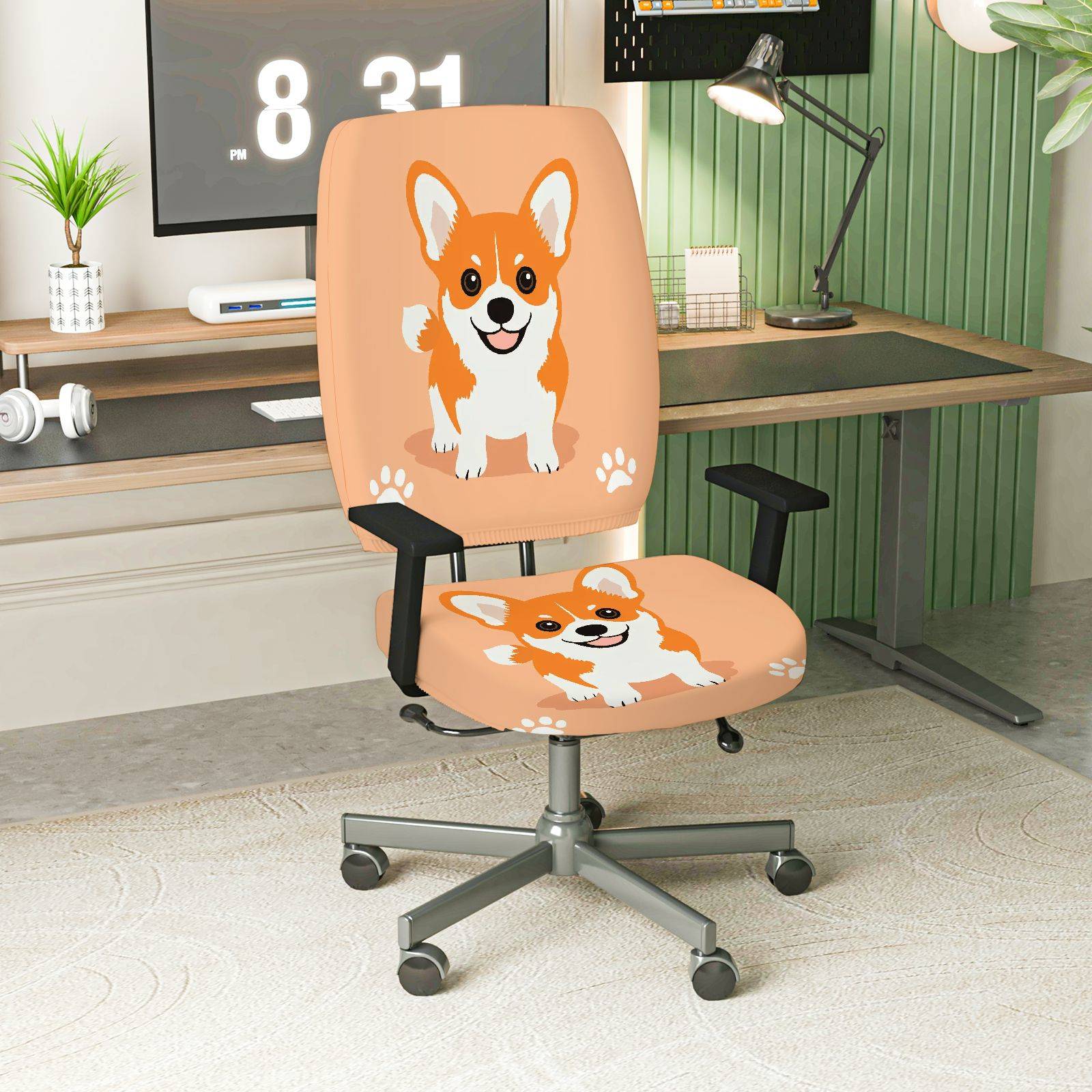 2-Piece Cute Dog Animal Print Fun Decorative Novelty  Computer Chair Cover Set, Seat and Backrest
