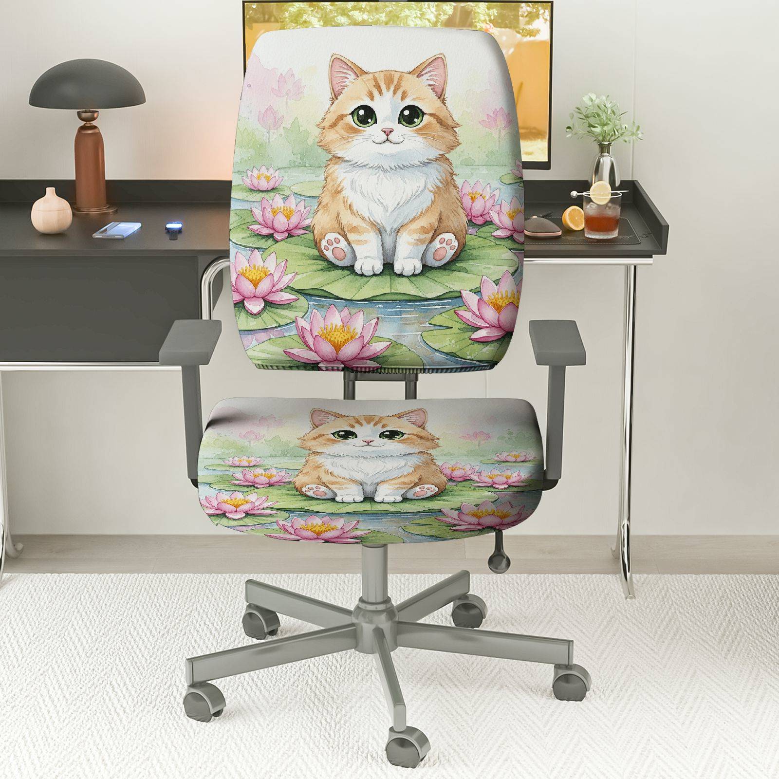 2-Piece Cute Cat Floral Lily Pond  Computer Chair Cover Set, Seat and Backrest