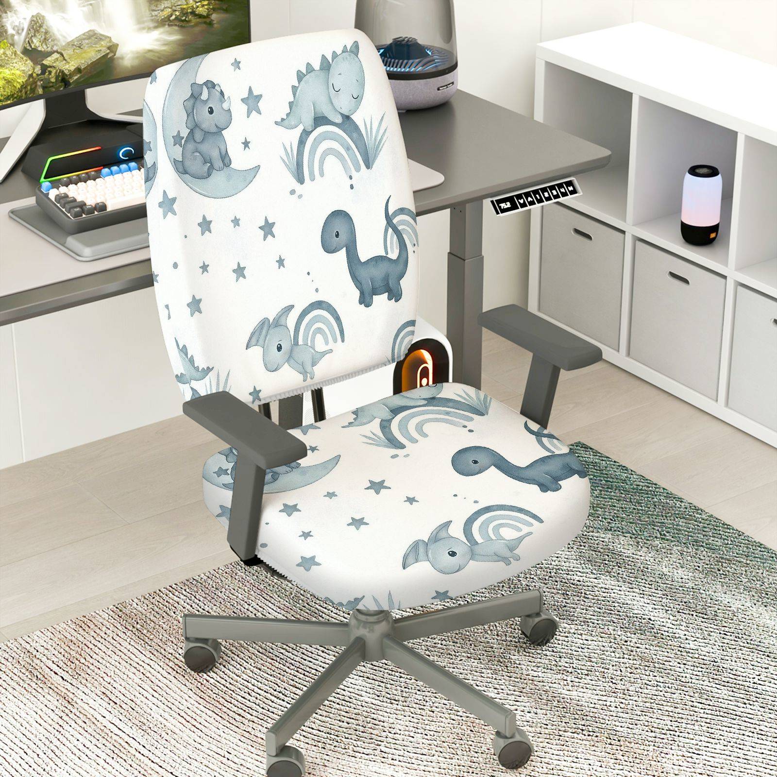 2-Piece Cute Dinosaur Star Moon Rainbow Animal  Computer Chair Cover Set, Seat and Backrest