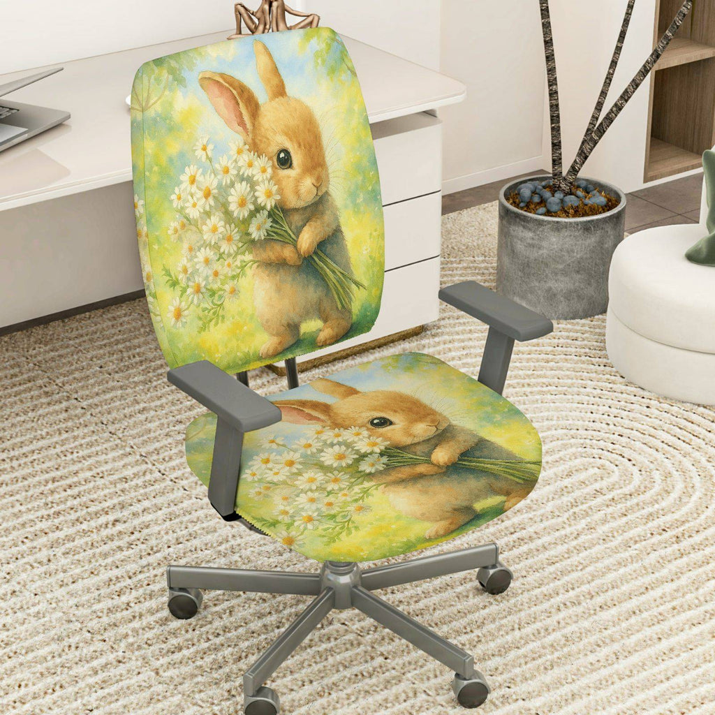 2-Piece Cute Bunny Daisy Floral Spring Summer  Computer Chair Cover Set, Seat and Backrest