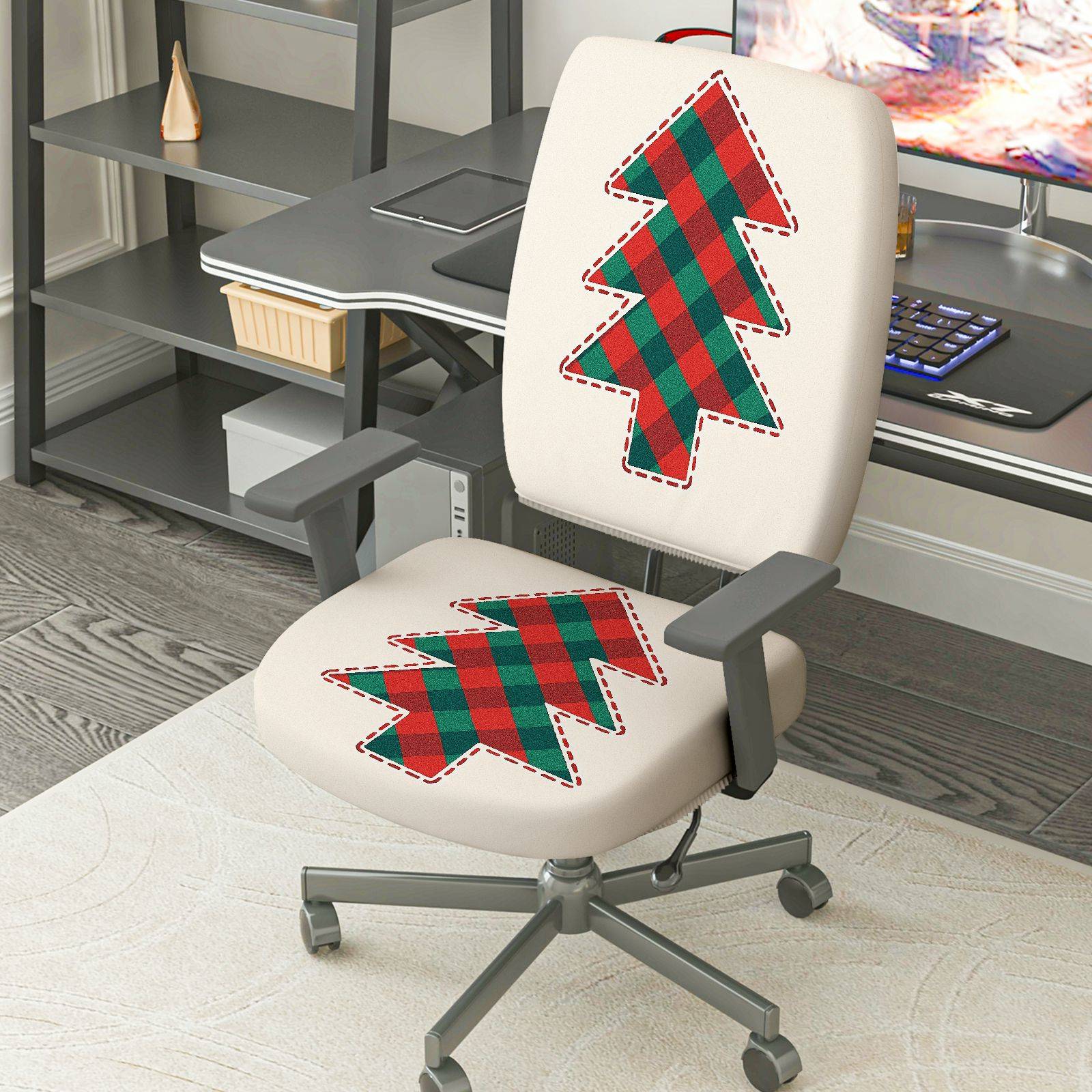 2-Piece Christmas plaid tree pattern holiday decoration  Computer Chair Cover Set, Seat and Backrest