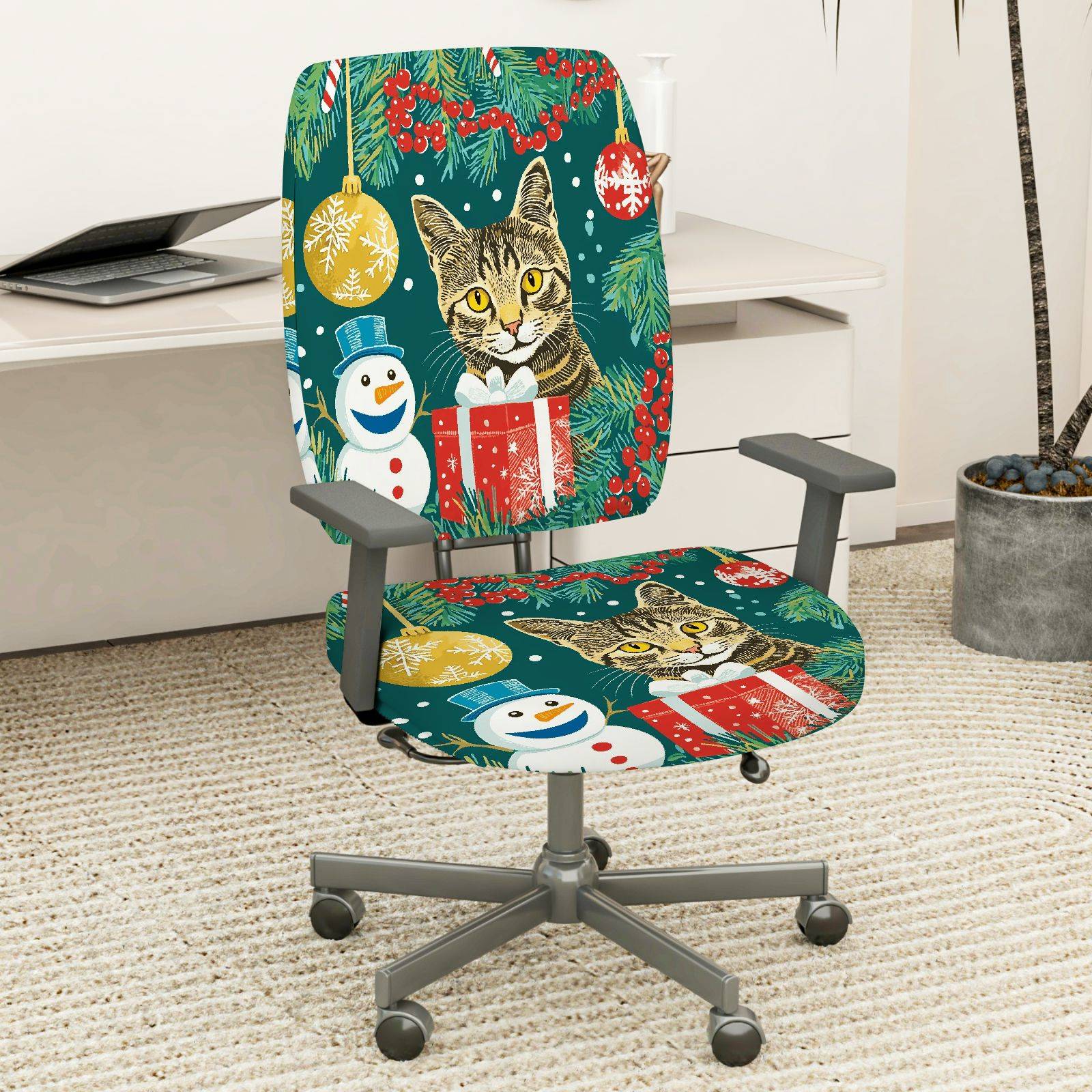 2-Piece Christmas Cat Snowman Gift Holiday  Computer Chair Cover Set, Seat and Backrest