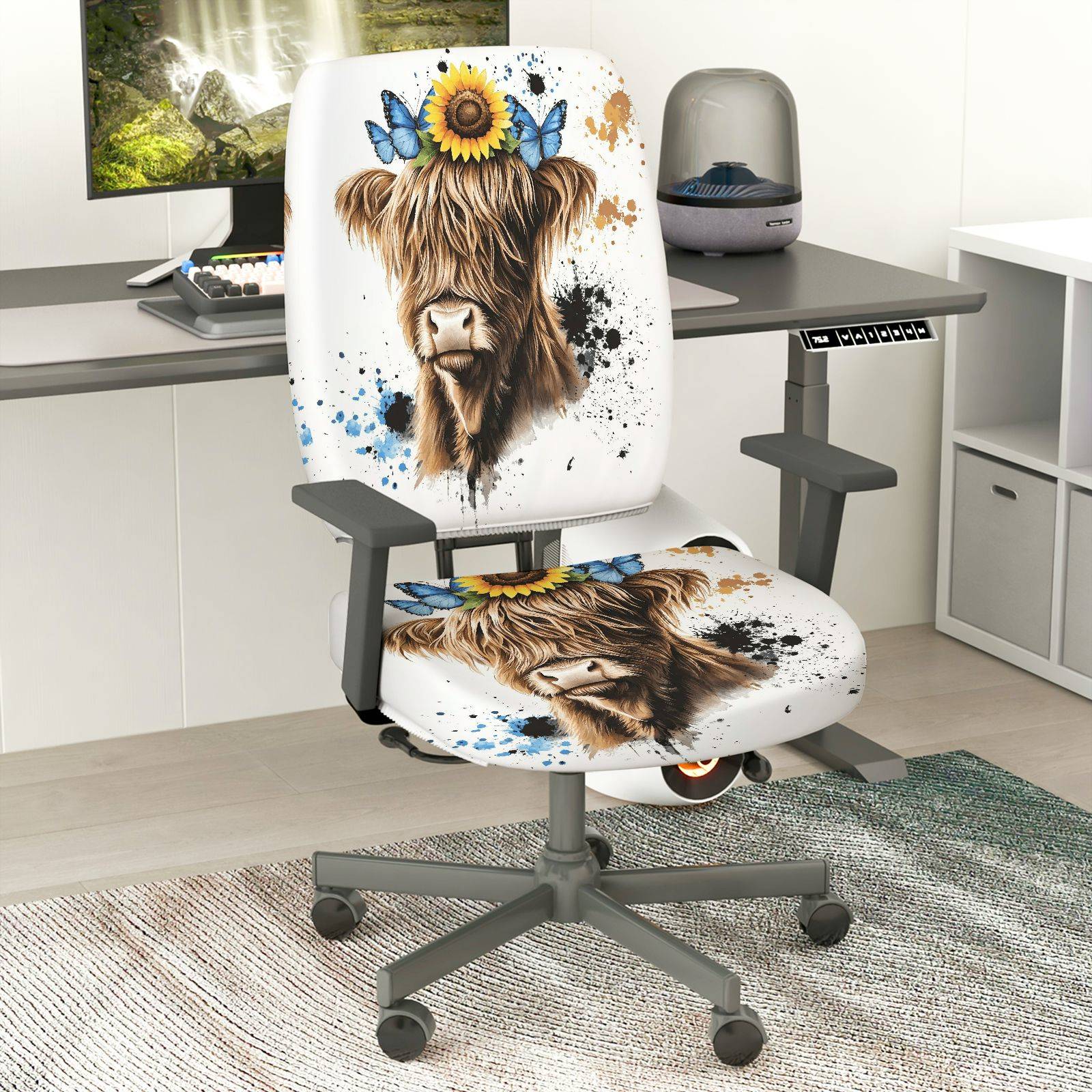 2-Piece Sunflower Butterfly Highland Cow Art  Computer Chair Cover Set, Seat and Backrest