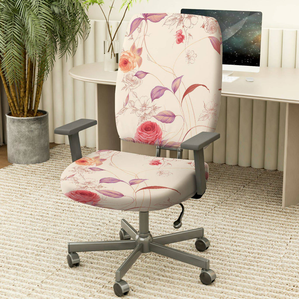 2-Piece Floral Pattern Rose Pink Purple Decorative  Computer Chair Cover Set, Seat and Backrest