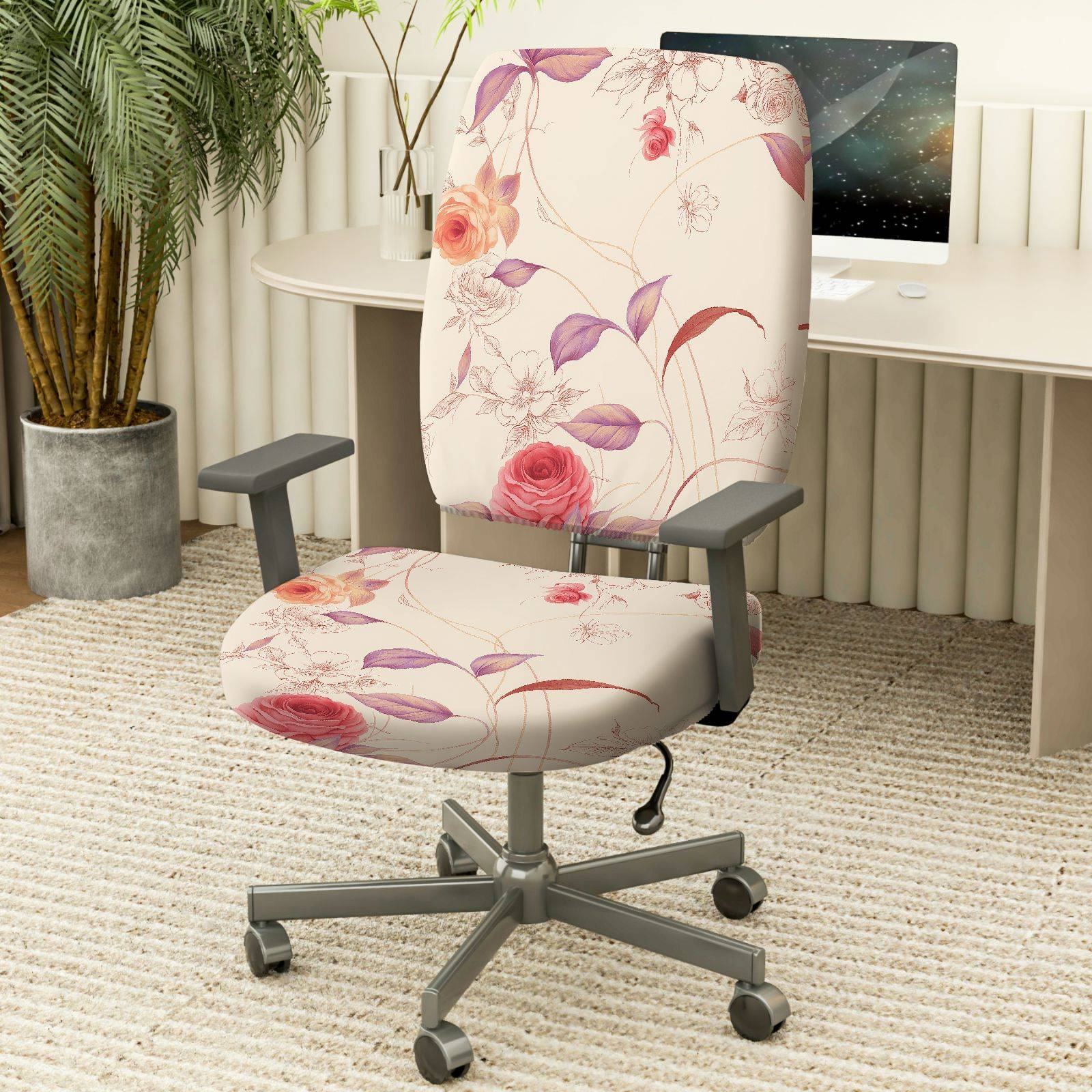 2-Piece Floral Pattern Rose Pink Purple Decorative  Computer Chair Cover Set, Seat and Backrest