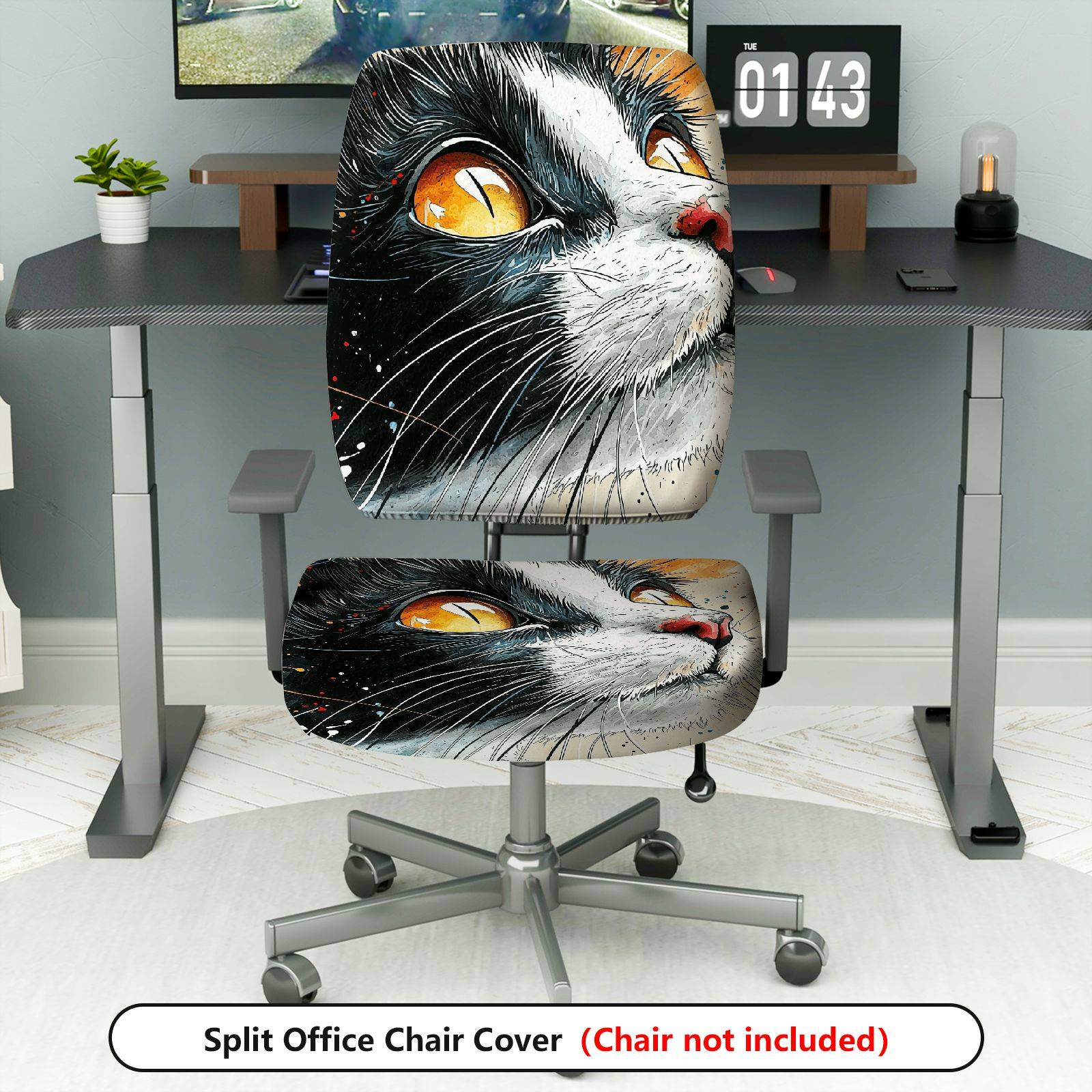 2-Piece Cat Pattern Art Design Animal Print Black White  Computer Chair Cover Set, Seat and Backrest