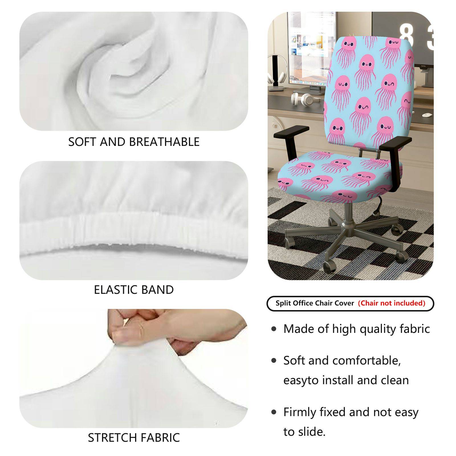 2-Piece Cute Jellyfish Pink Blue  Computer Chair Cover Set, Seat and Backrest