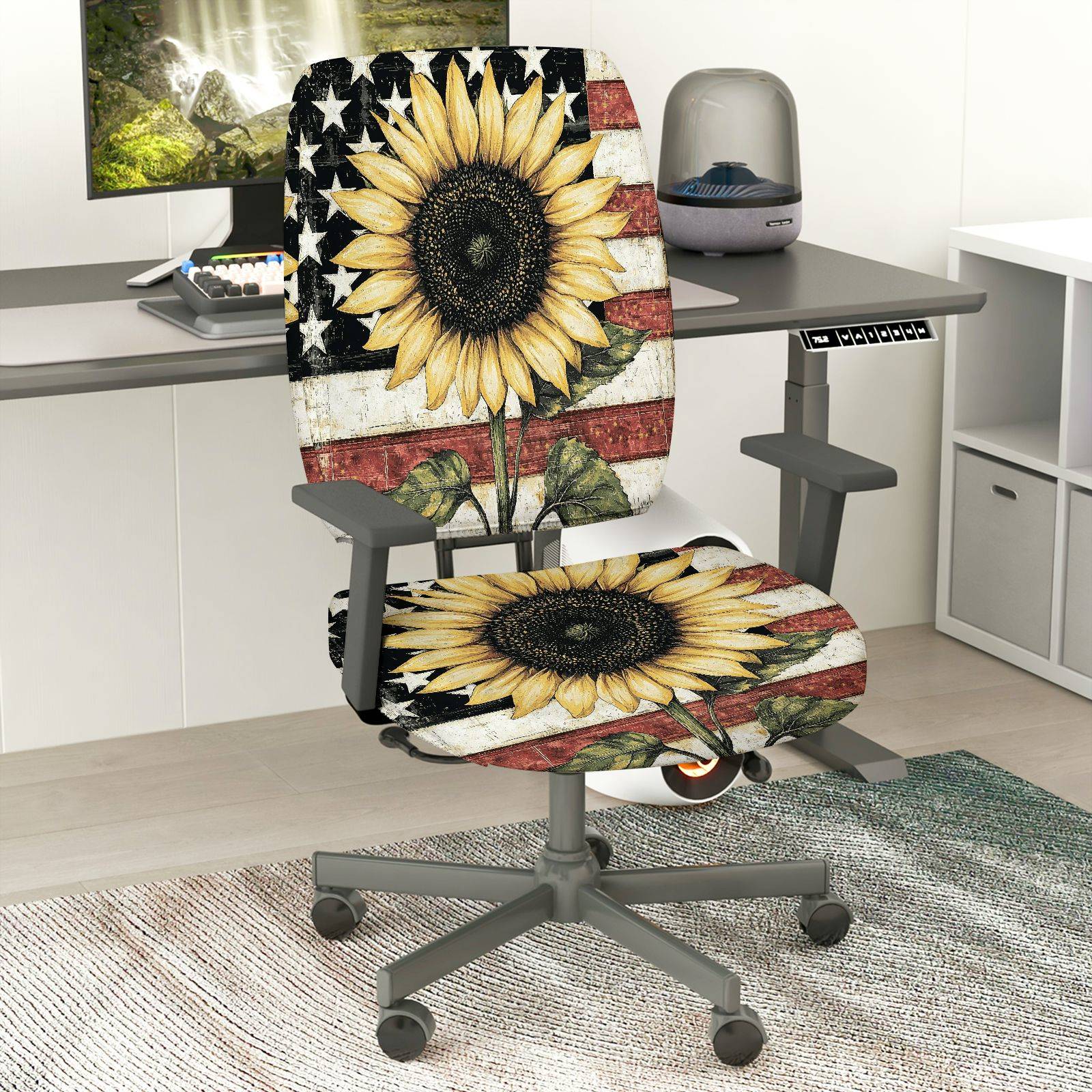 2-Piece Sunflower American Flag Vintage Patriotic Rustic Theme  Computer Chair Cover Set, Seat and Backrest