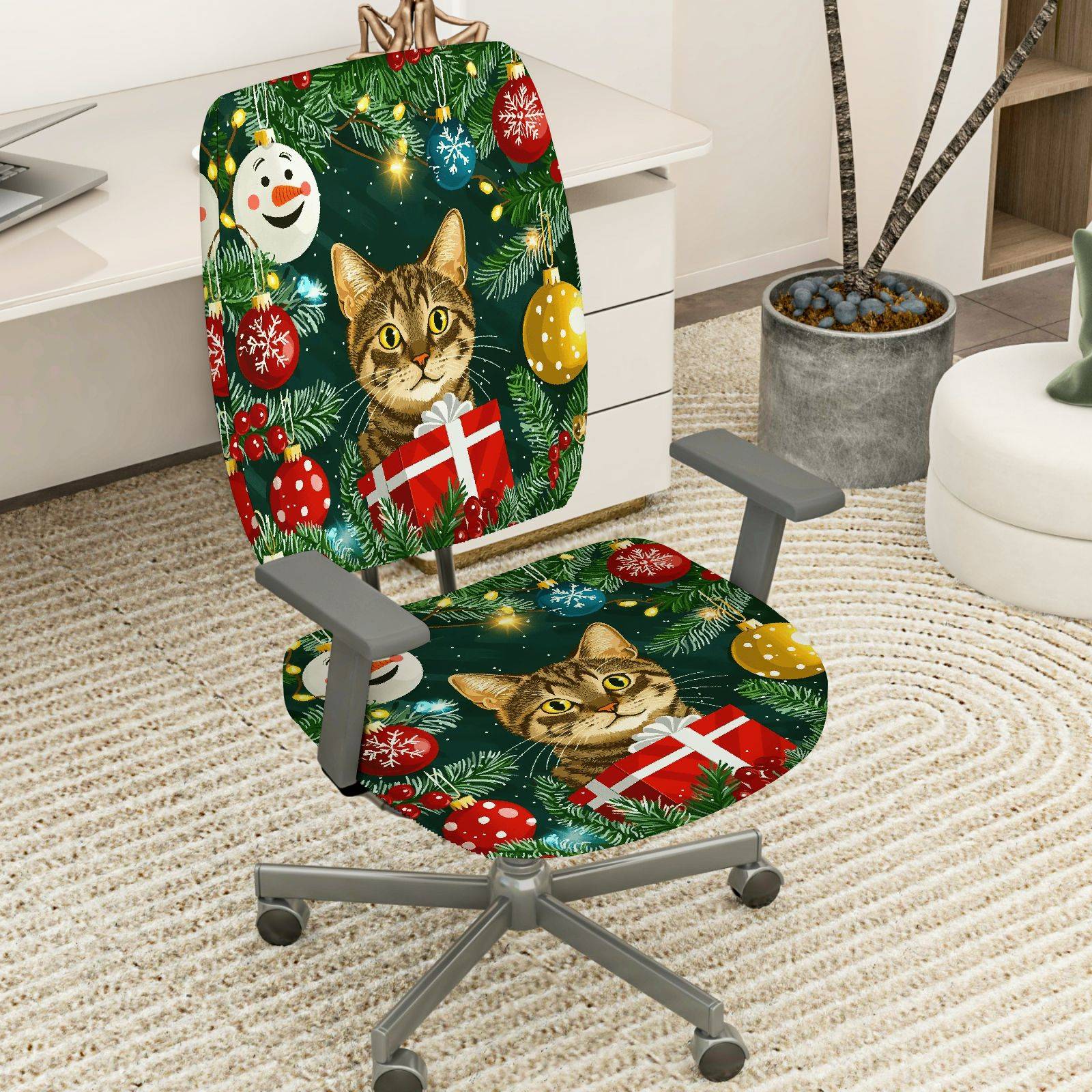 2-Piece Christmas Cat Gift Ornament Tree Festive  Computer Chair Cover Set, Seat and Backrest