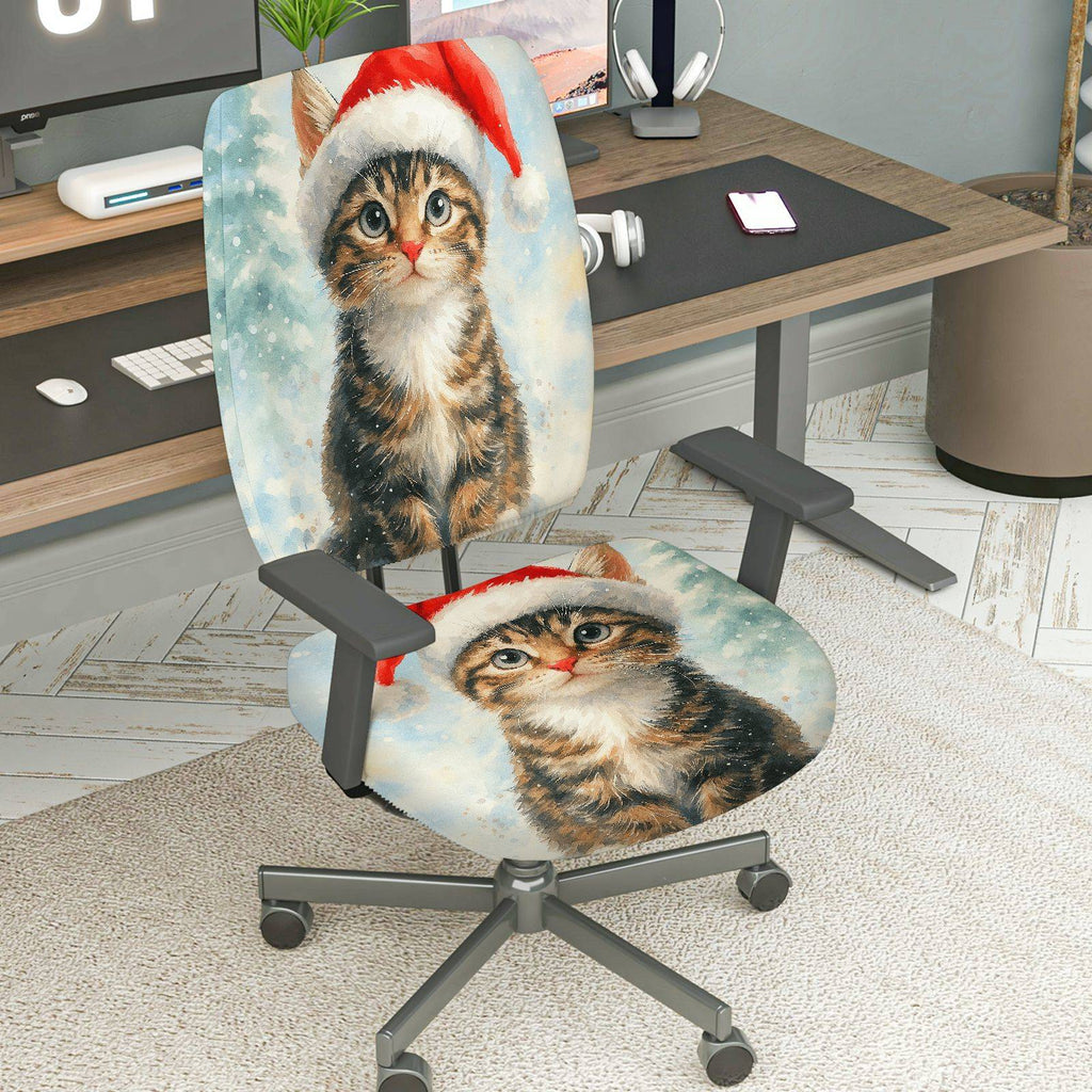 2-Piece Christmas Santa Claus Cat Snow Winter  Computer Chair Cover Set, Seat and Backrest