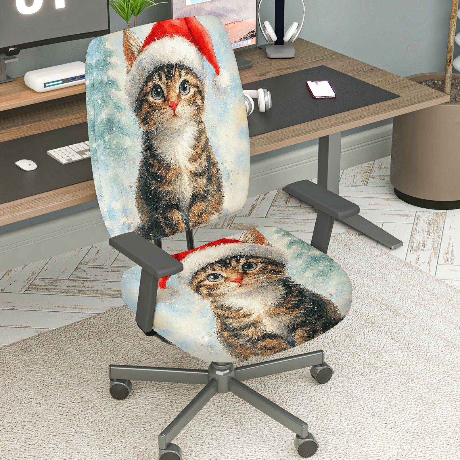2-Piece Christmas Santa Claus Cat Snow Winter  Computer Chair Cover Set, Seat and Backrest