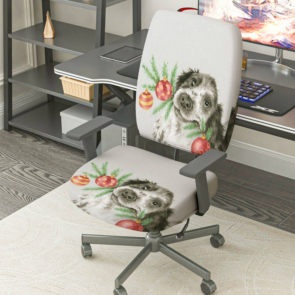 2-Piece Dog Christmas Holiday Festive Decorative  Computer Chair Cover Set, Seat and Backrest