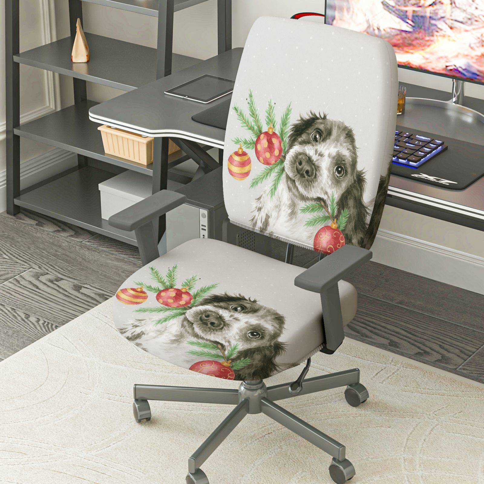 2-Piece Dog Christmas Holiday Festive Decorative  Computer Chair Cover Set, Seat and Backrest