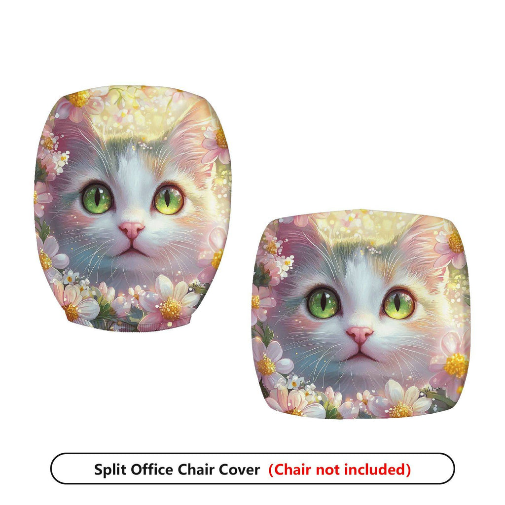 2-Piece Cute Cat Floral Spring Green Eyes Fantasy  Computer Chair Cover Set, Seat and Backrest
