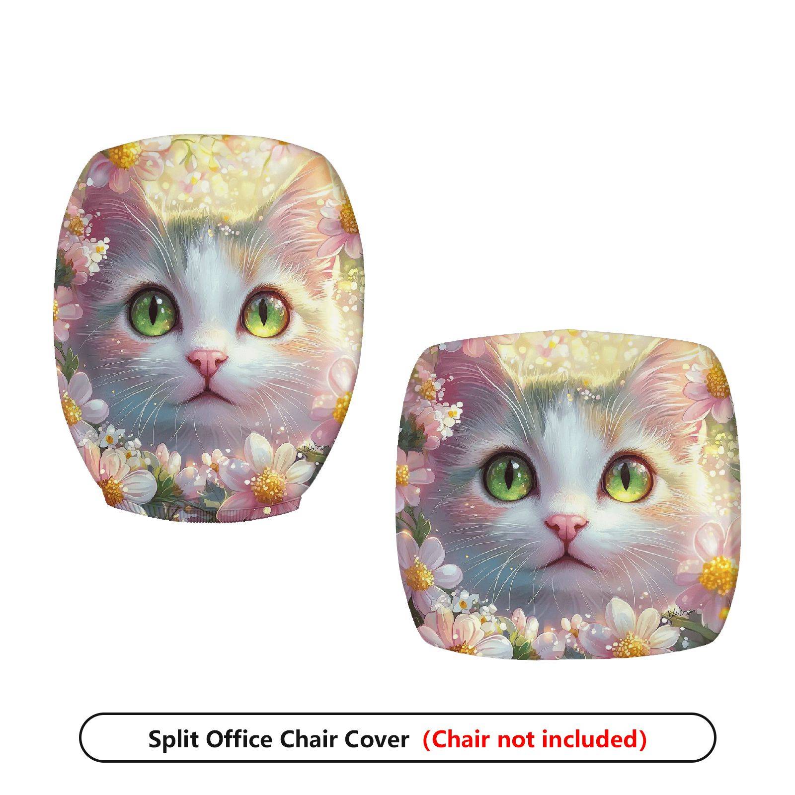 2-Piece Cute Cat Floral Spring Green Eyes Fantasy  Computer Chair Cover Set, Seat and Backrest