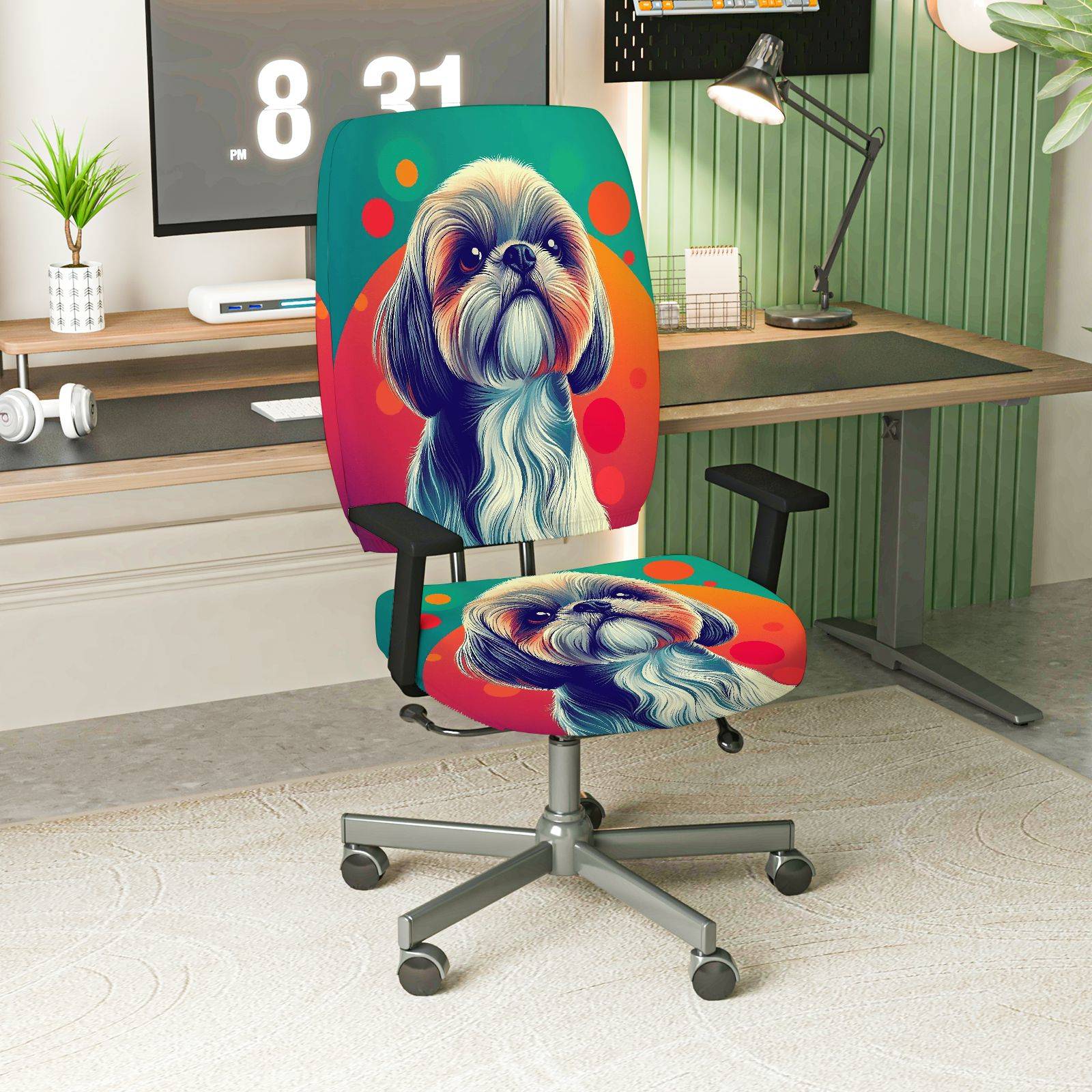 2-Piece Colorful Dog Art Pattern Swivel  Computer Chair Cover Set, Seat and Backrest