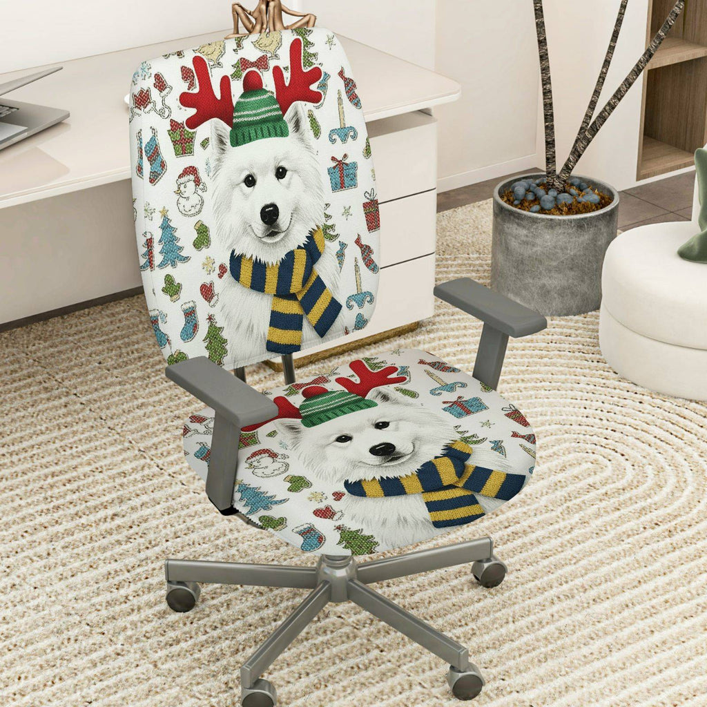 2-Piece Christmas Reindeer Dog Winter Holiday Snow  Computer Chair Cover Set, Seat and Backrest
