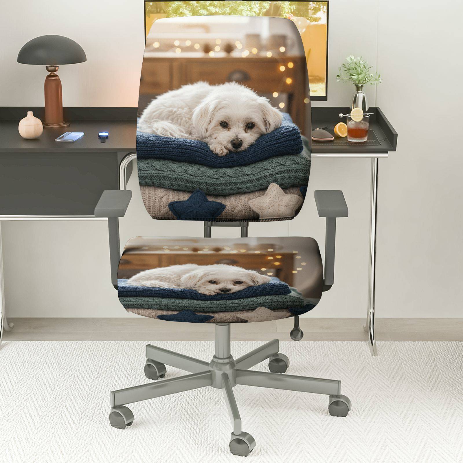 2-Piece Cute Dog Cozy Blanket Star Festive  Computer Chair Cover Set, Seat and Backrest