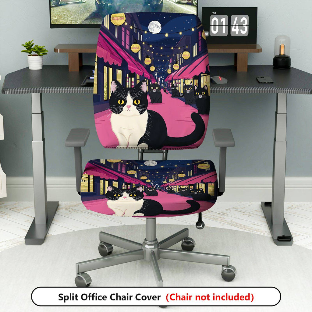 2-Piece Night Street Cat Moonlight Festival Romantic  Computer Chair Cover Set, Seat and Backrest