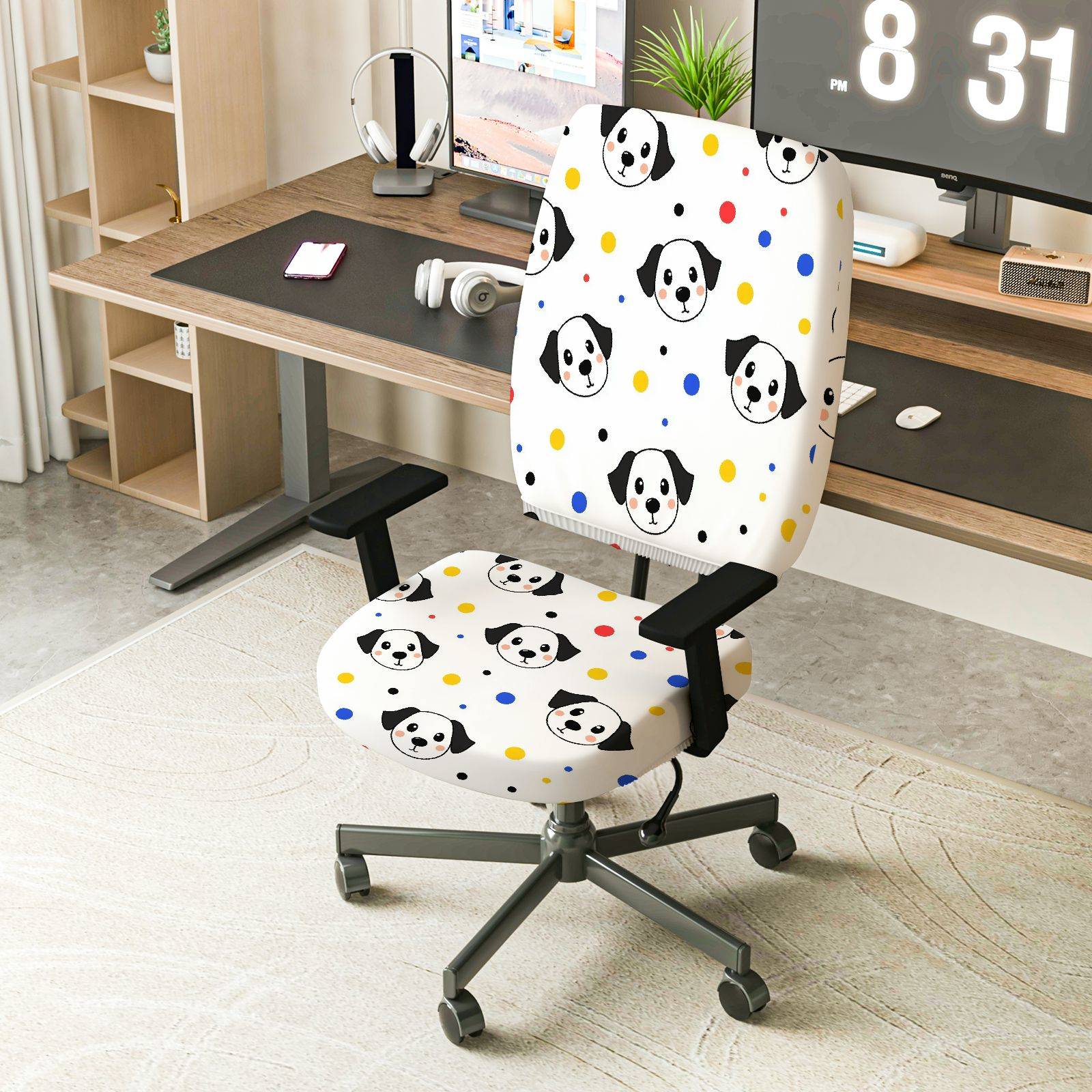 2-Piece Dog Pattern Colorful Dots Cute Fun  Computer Chair Cover Set, Seat and Backrest