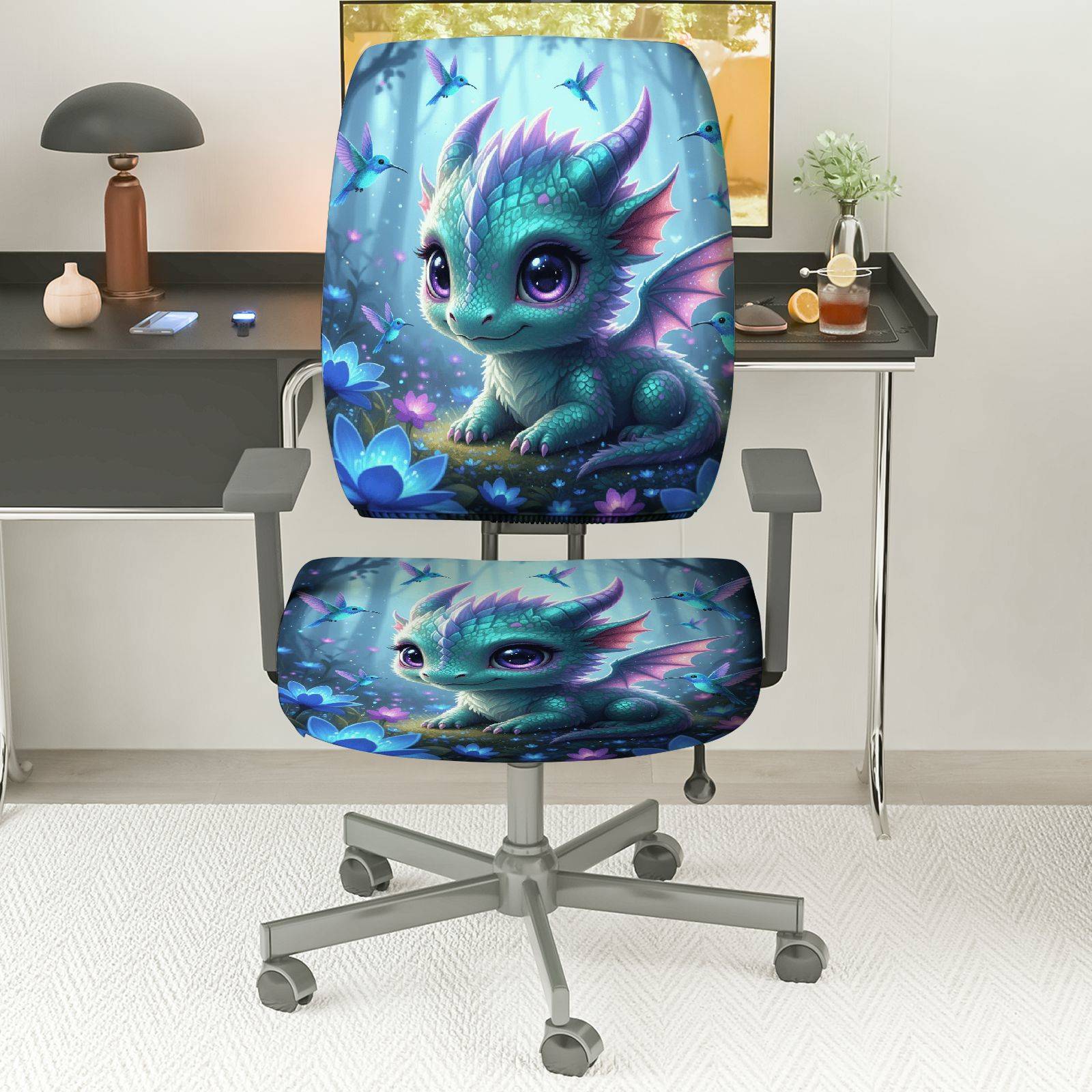 2-Piece Cute Dragon Fantasy Blue Flowers Fairies Magic  Computer Chair Cover Set, Seat and Backrest