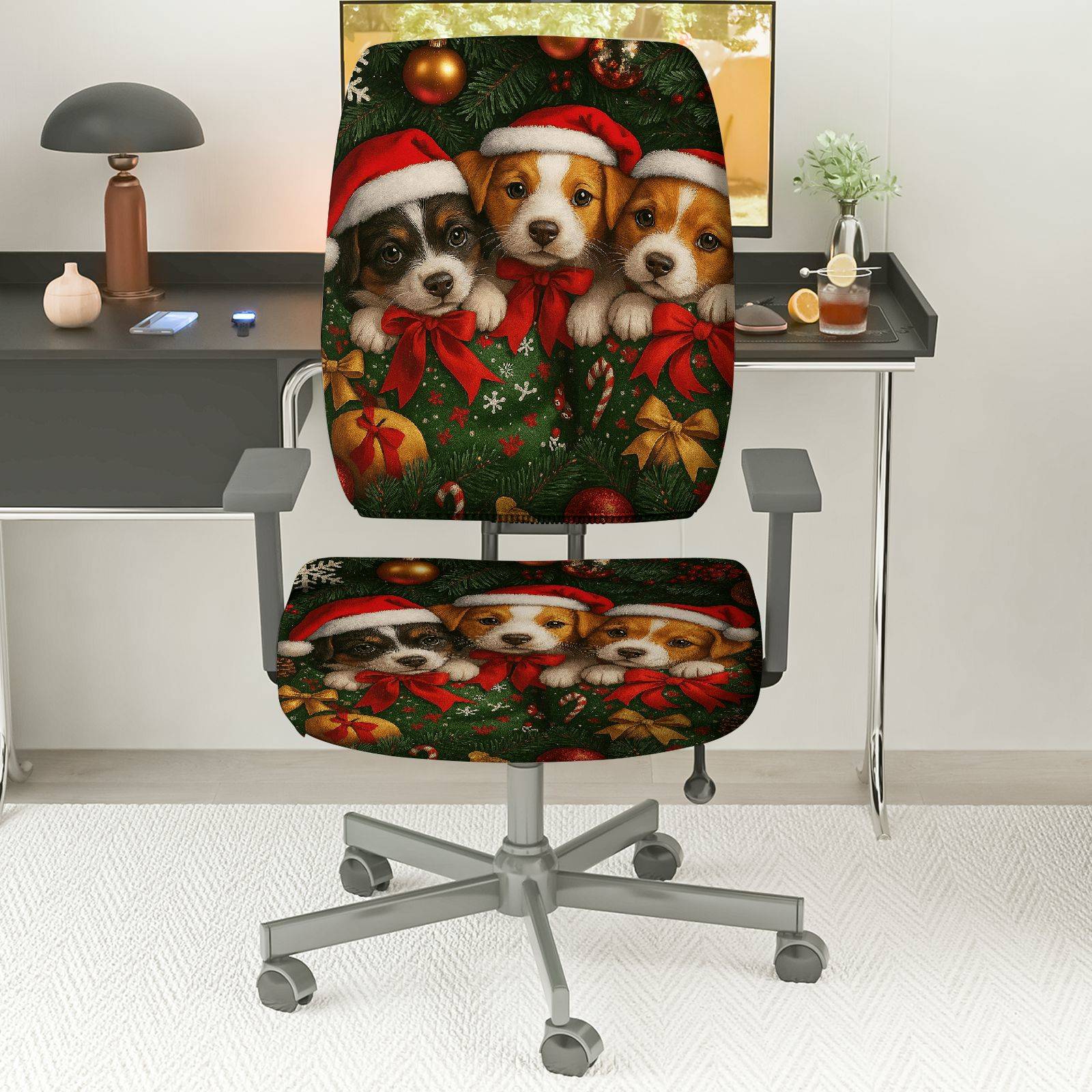 2-Piece Christmas Dog Santa Hat Festive Decoration Holiday  Computer Chair Cover Set, Seat and Backrest