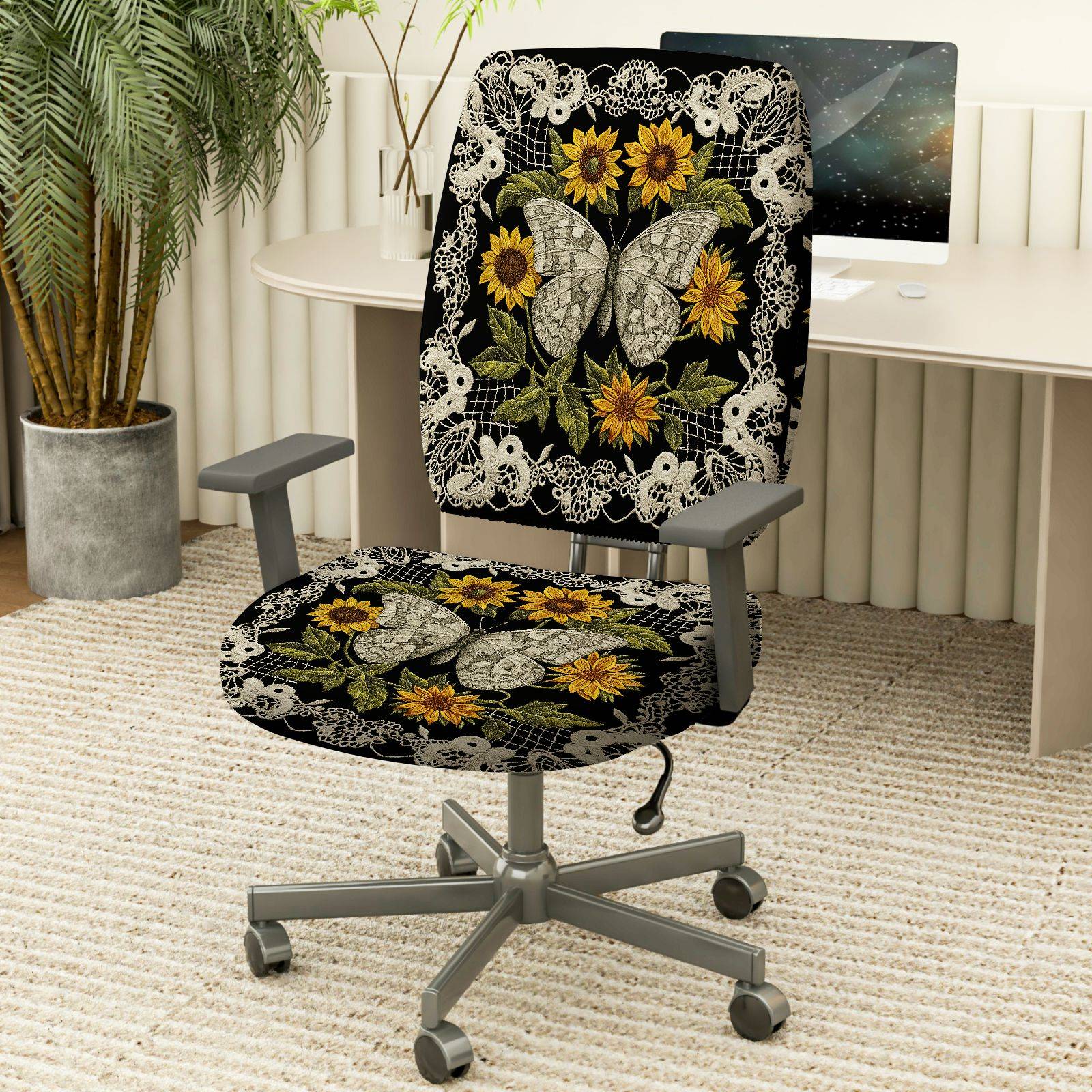 2-Piece Butterfly Floral Lace Sunflower Black  Computer Chair Cover Set, Seat and Backrest