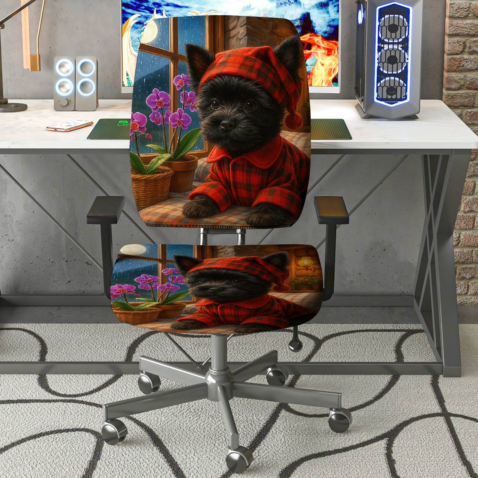 2-Piece Cute Dog Cozy Plaid Nature Winter  Computer Chair Cover Set, Seat and Backrest