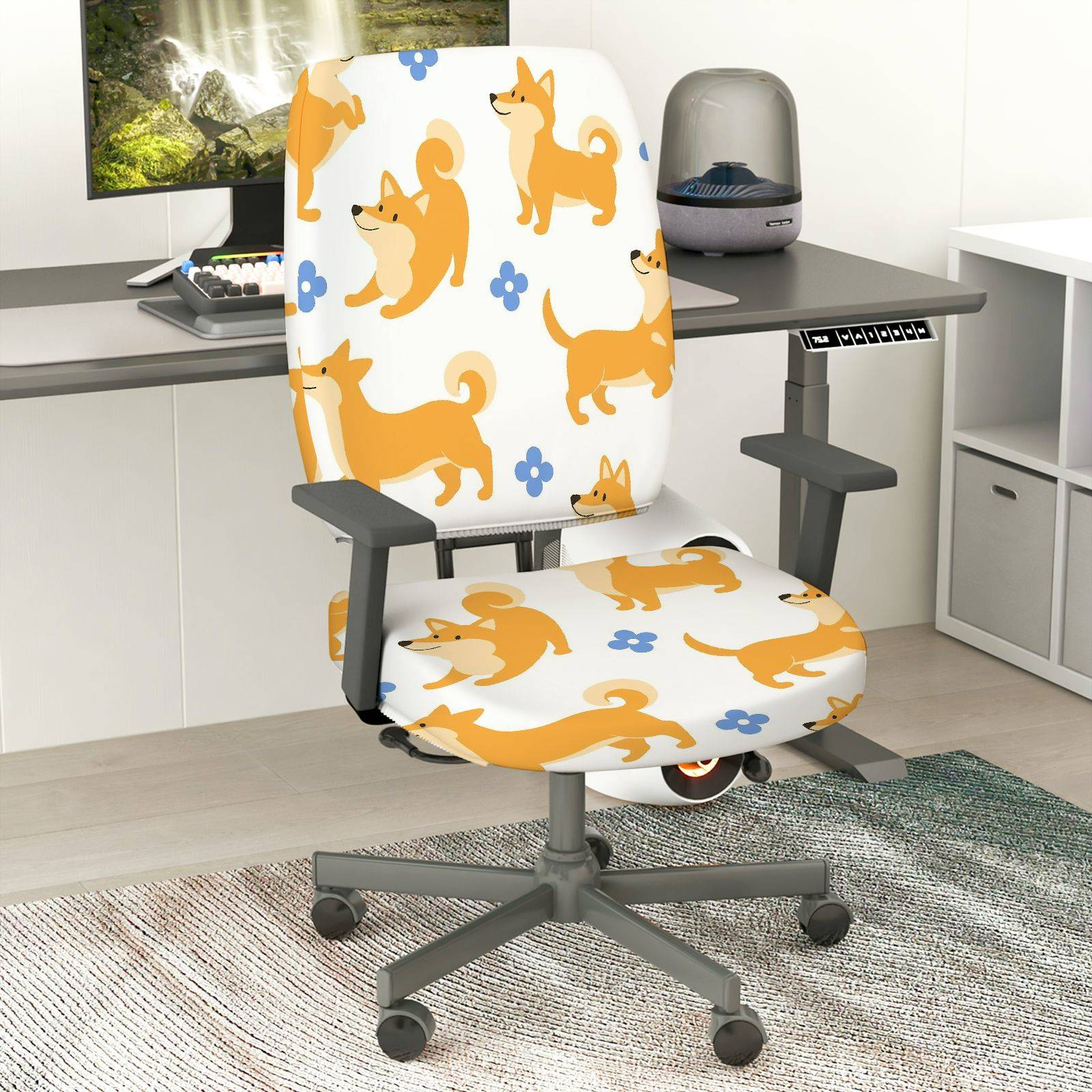 2-Piece Cute Dog Flower Pattern Printed  Computer Chair Cover Set, Seat and Backrest