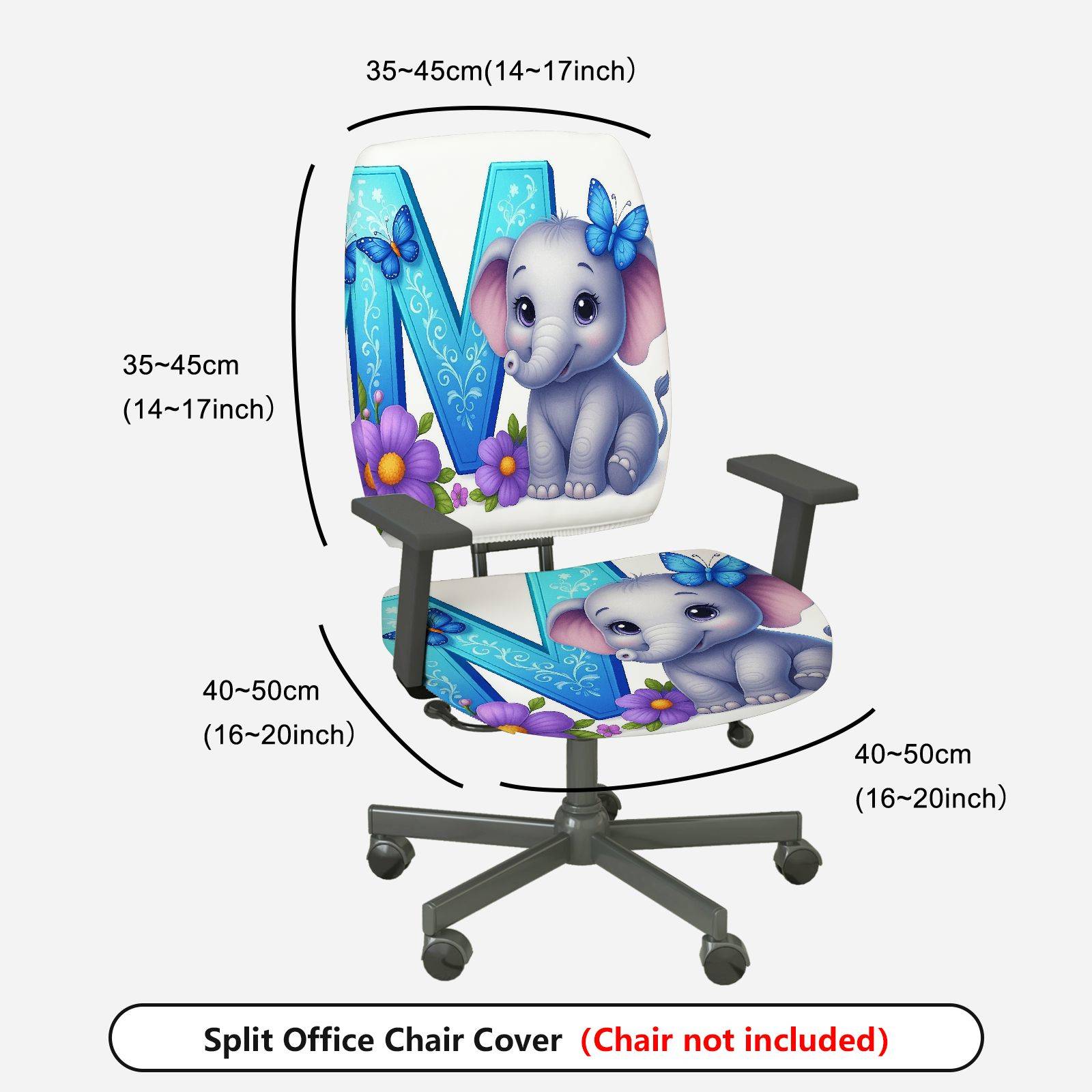 2-Piece Cute Elephant Butterfly Flower  Computer Chair Cover Set, Seat and Backrest