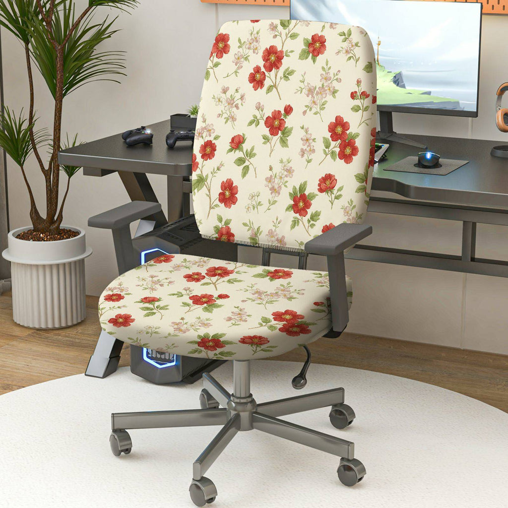 2-Piece Floral Pattern Red Flower  Computer Chair Cover Set, Seat and Backrest