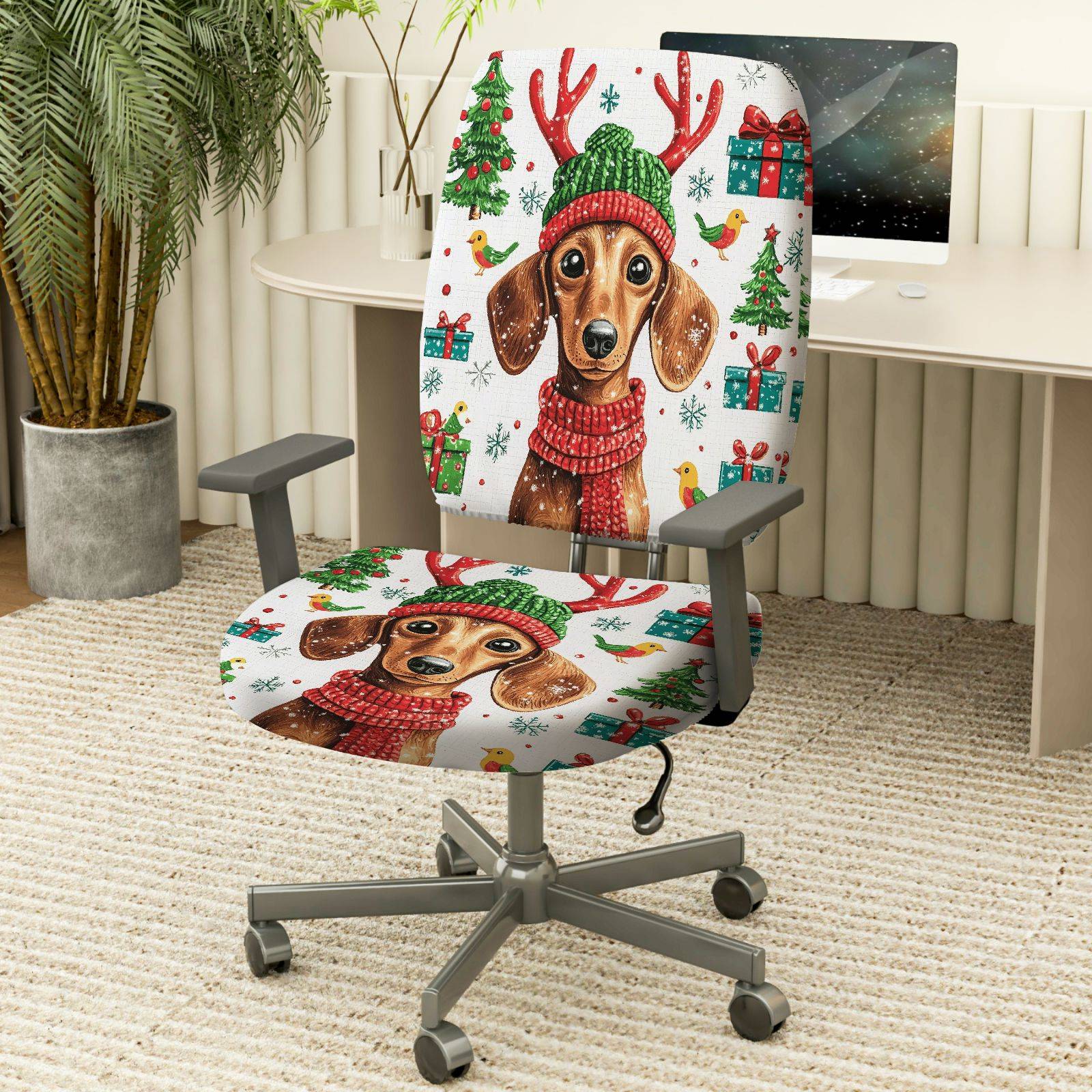 2-Piece Christmas Dog Reindeer Gift Tree Snowflakes  Computer Chair Cover Set, Seat and Backrest
