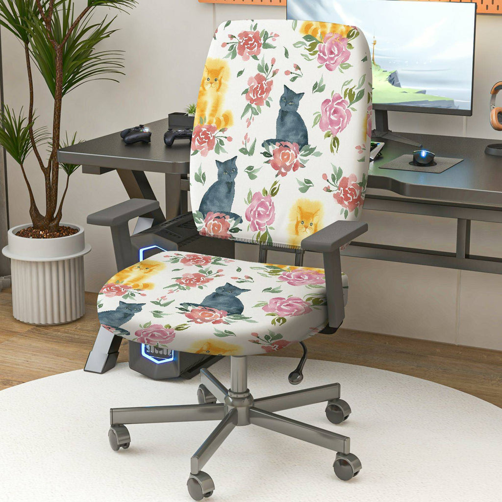 2-Piece Floral Cat Pattern Colorful Cute  Computer Chair Cover Set, Seat and Backrest
