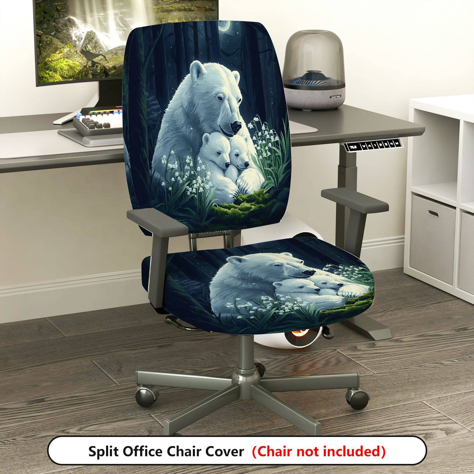2-Piece Polar Bear Family Forest Night Scandinavian Christmas  Computer Chair Cover Set, Seat and Backrest