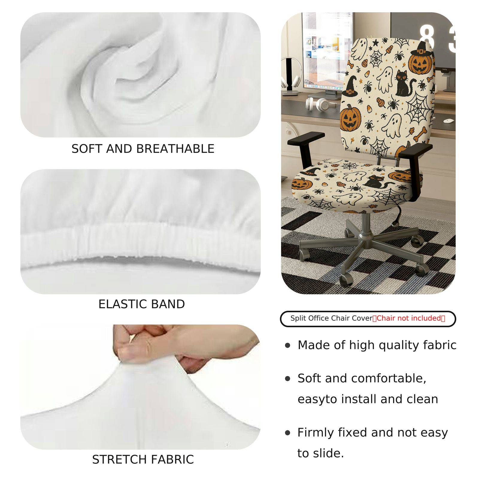 2-Piece Halloween Ghost Pumpkin Cat Spider Web  Computer Chair Cover Set, Seat and Backrest