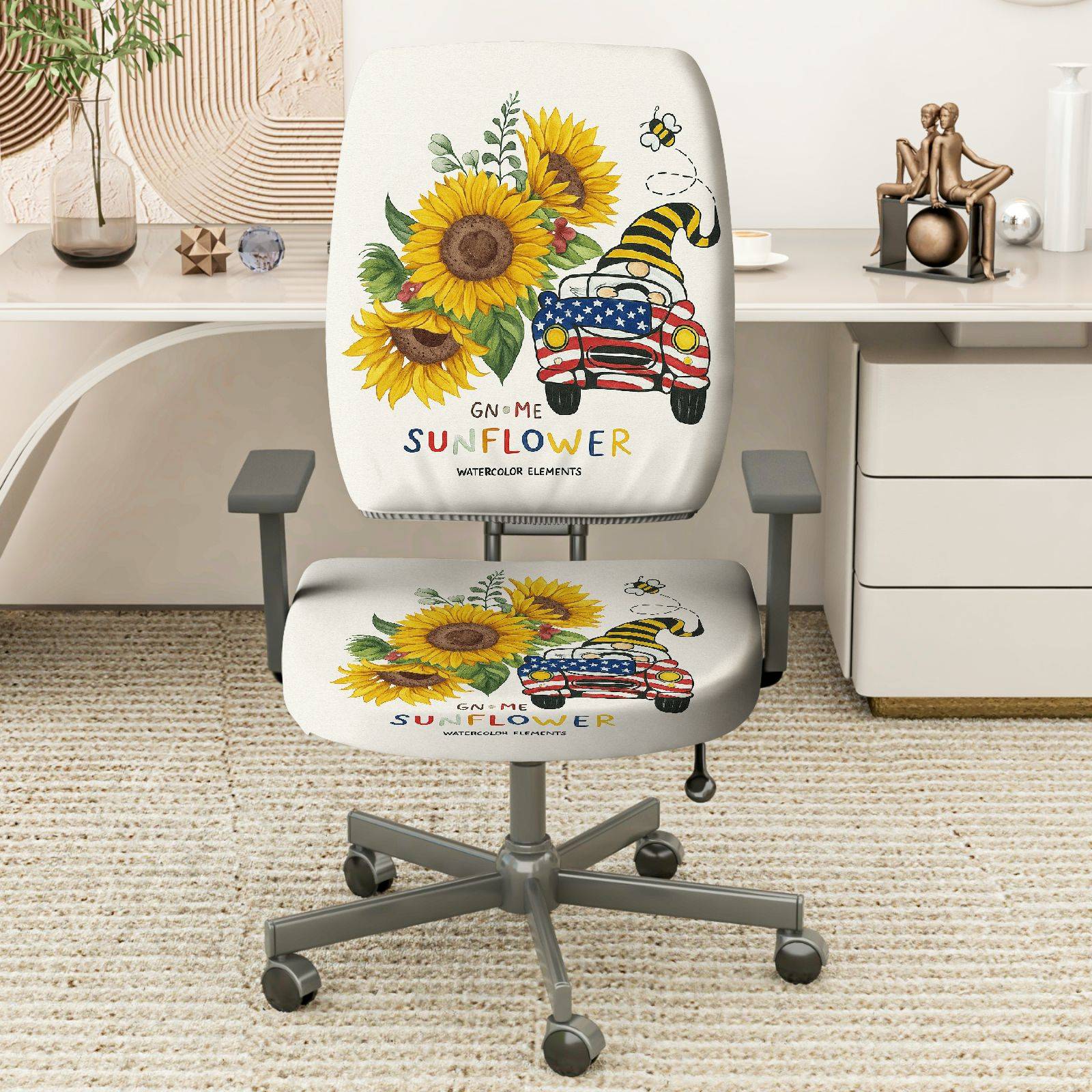 2-Piece Sunflower Gnome Christmas American Vintage Car Bee  Computer Chair Cover Set, Seat and Backrest